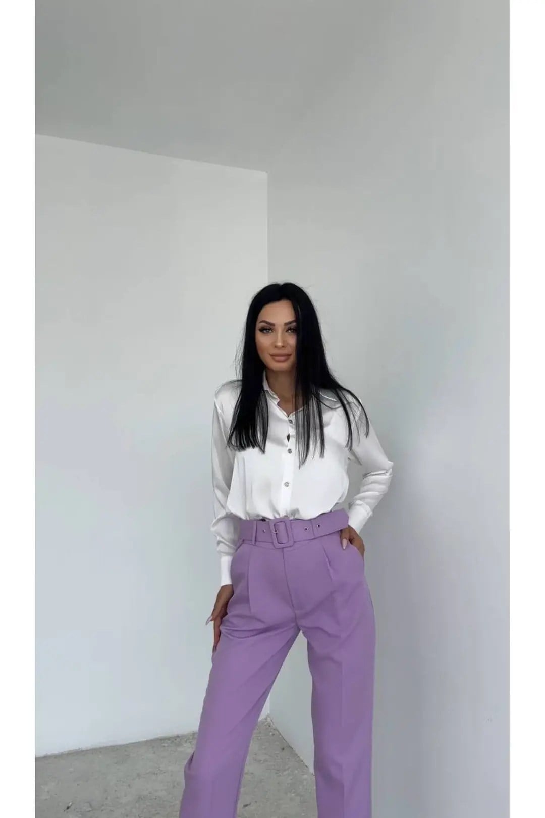 Dar Paça Klasik Kemerli Kumaş Pantolon Lila