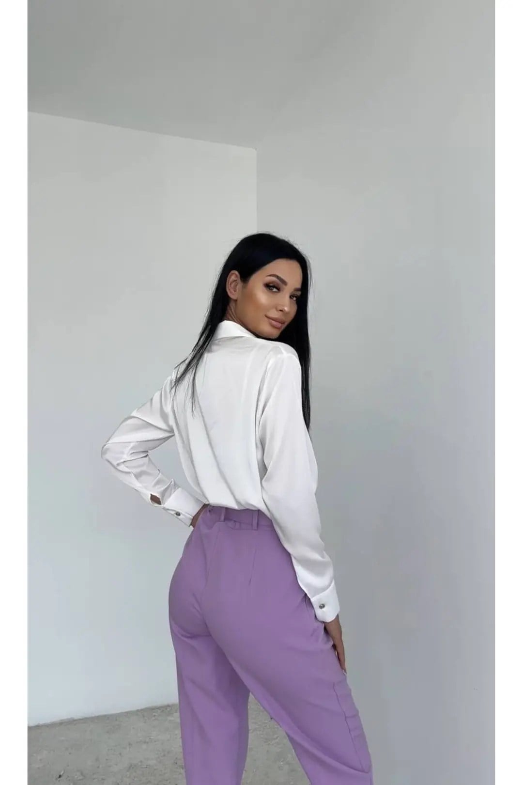 Dar Paça Klasik Kemerli Kumaş Pantolon Lila