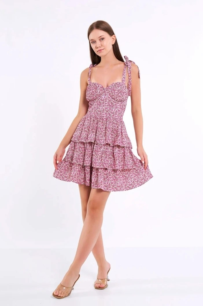 Desenli Askılı Mini Elbise Pembe