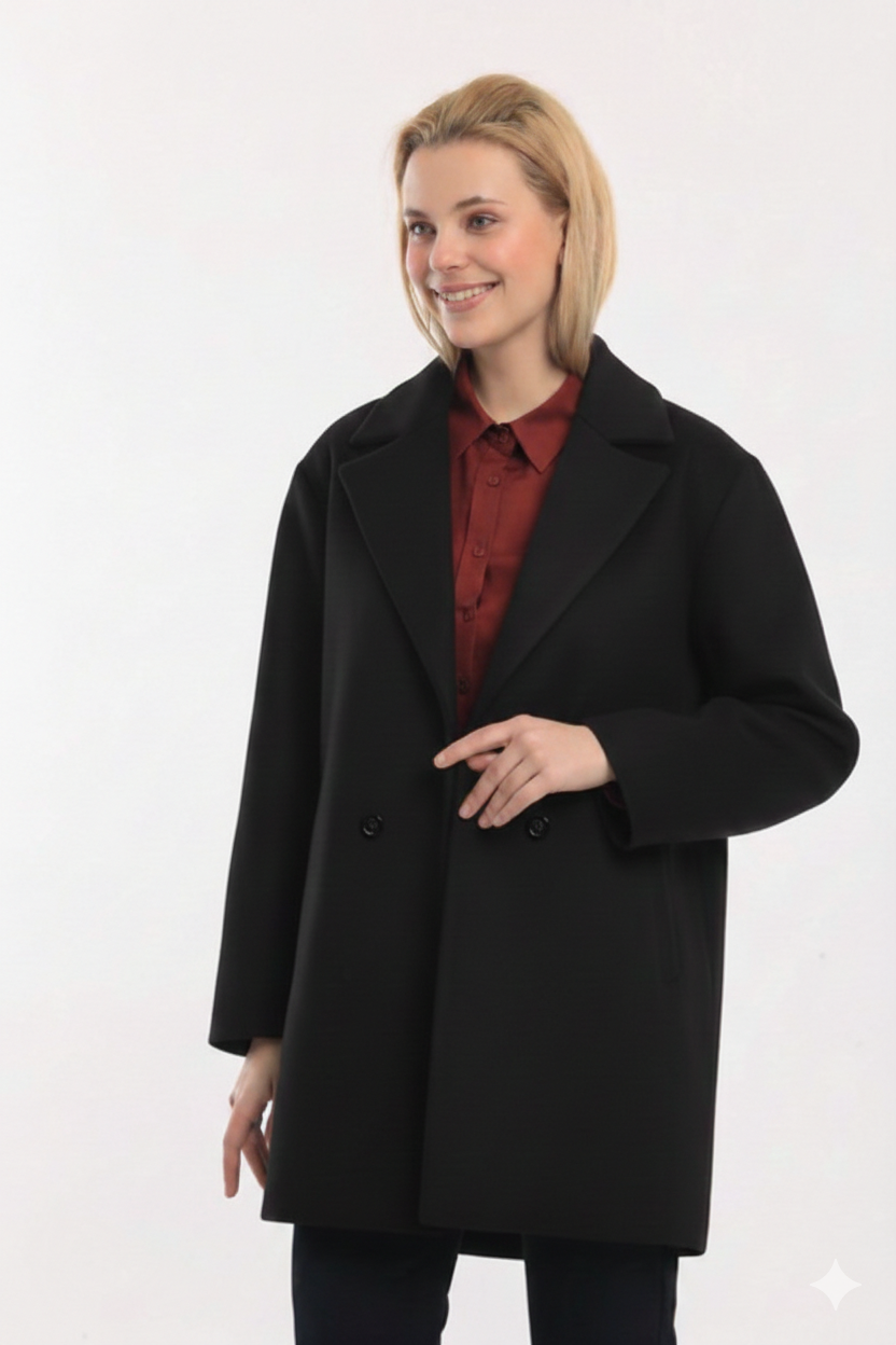 Düğmeli Kaşe Kaban Siyah