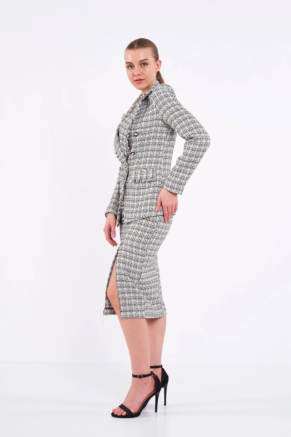 Ekose Simli Ekru Blazer Ceket