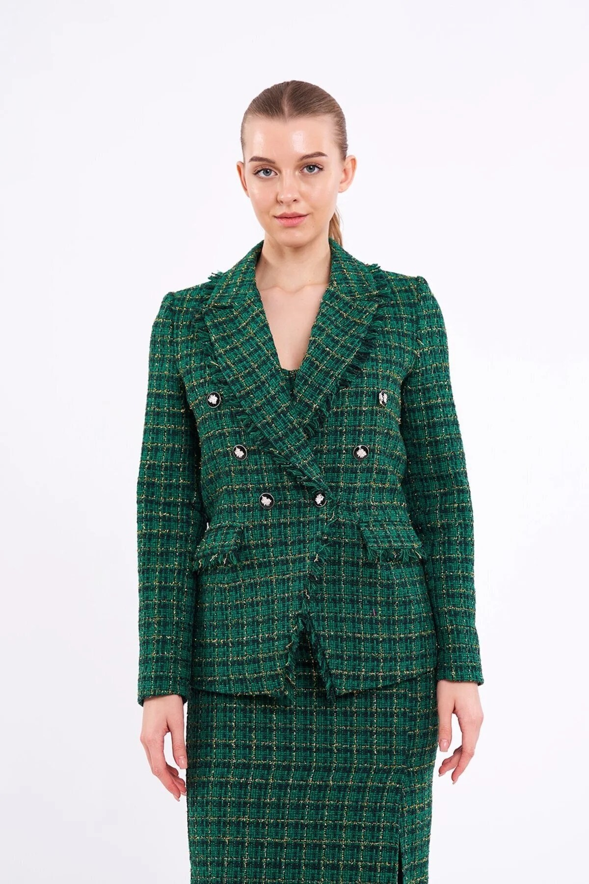 Ekose Simli Yeşil Blazer Ceket