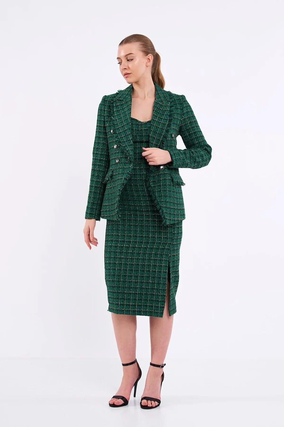 Ekose Simli Yeşil Blazer Ceket