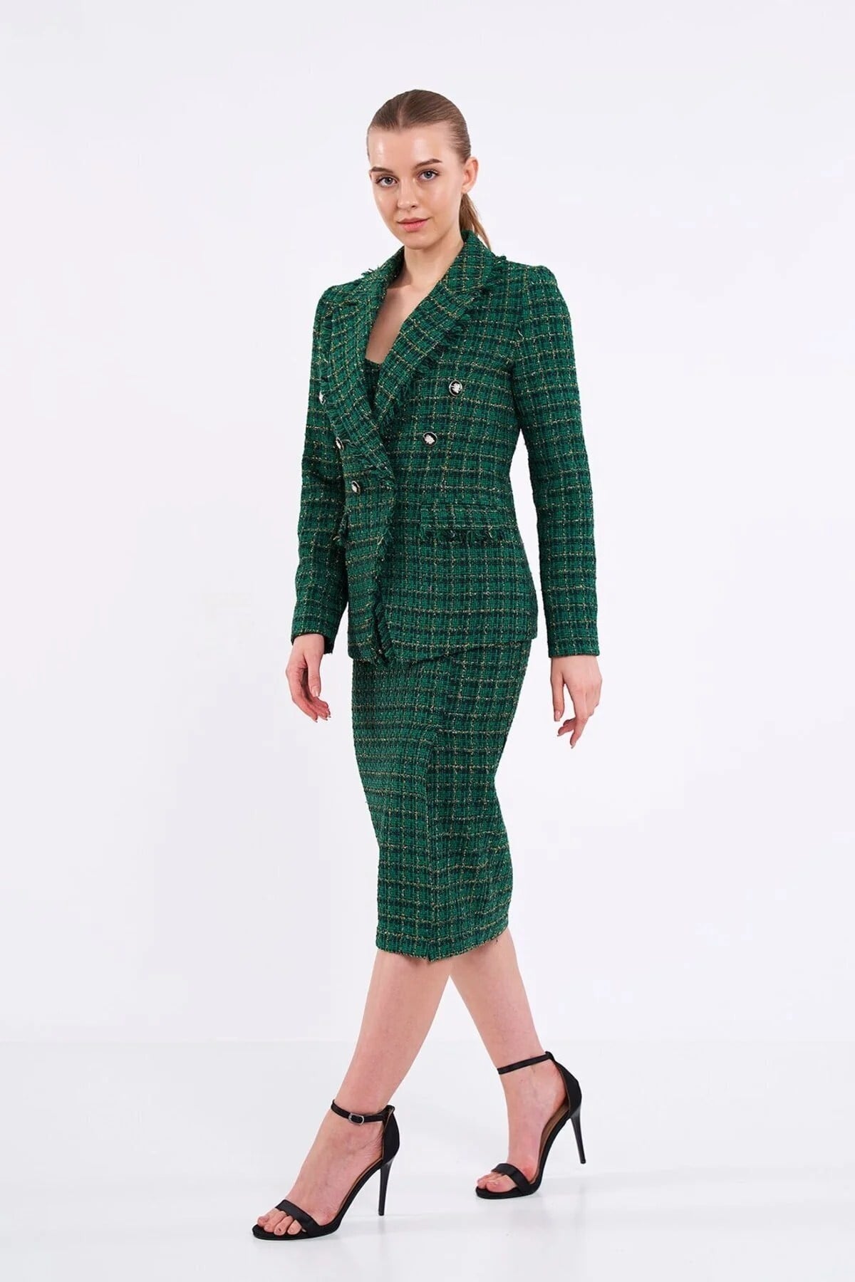 Ekose Simli Yeşil Blazer Ceket