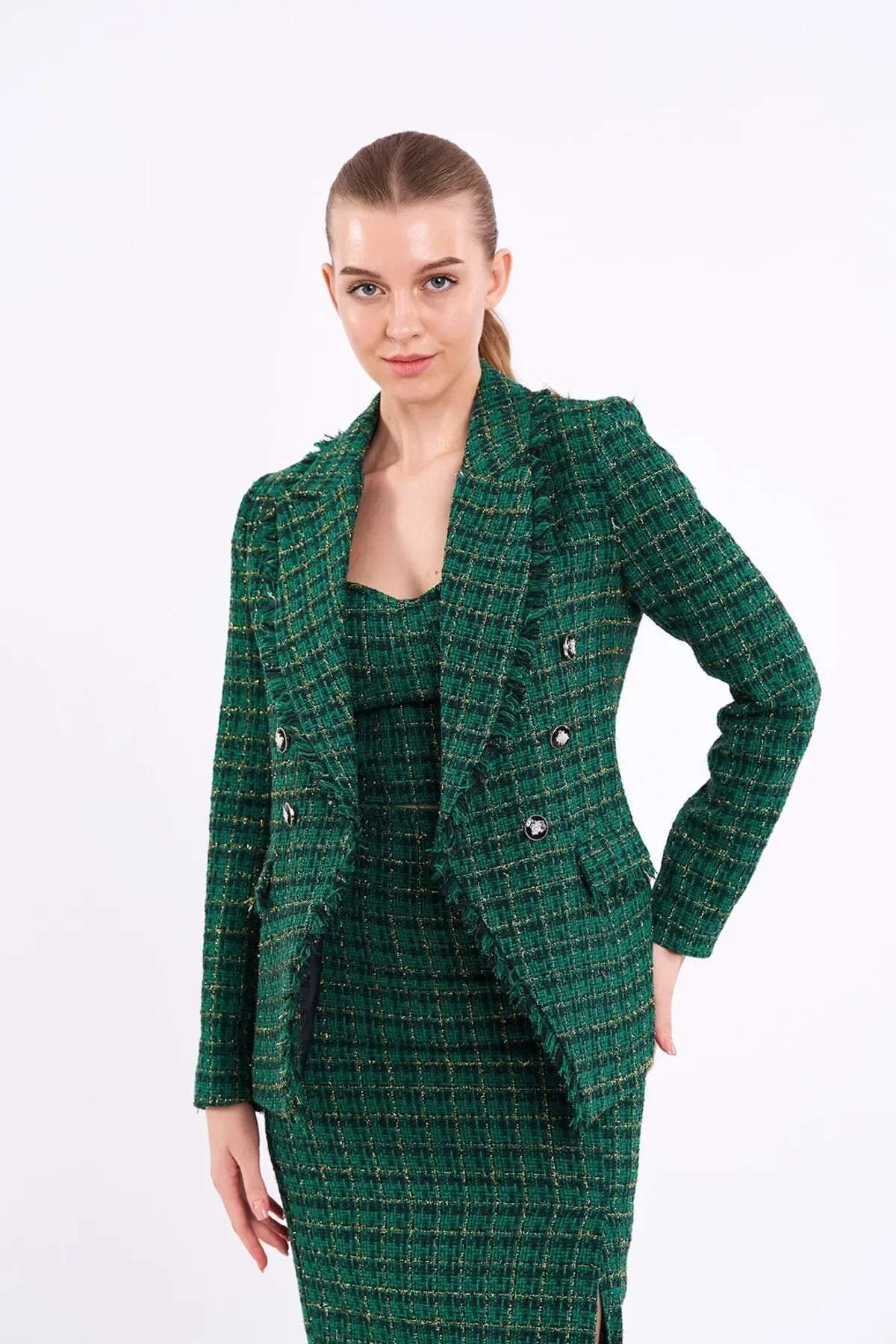 Ekose Simli Yeşil Blazer Ceket