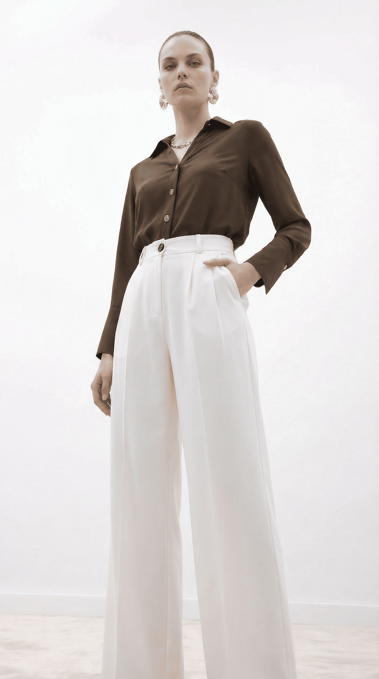 Ekru Yüksek Bel Pilili Wide Leg/Geniş Paça Dokuma Pantolon 25SWS5924 Palazzo