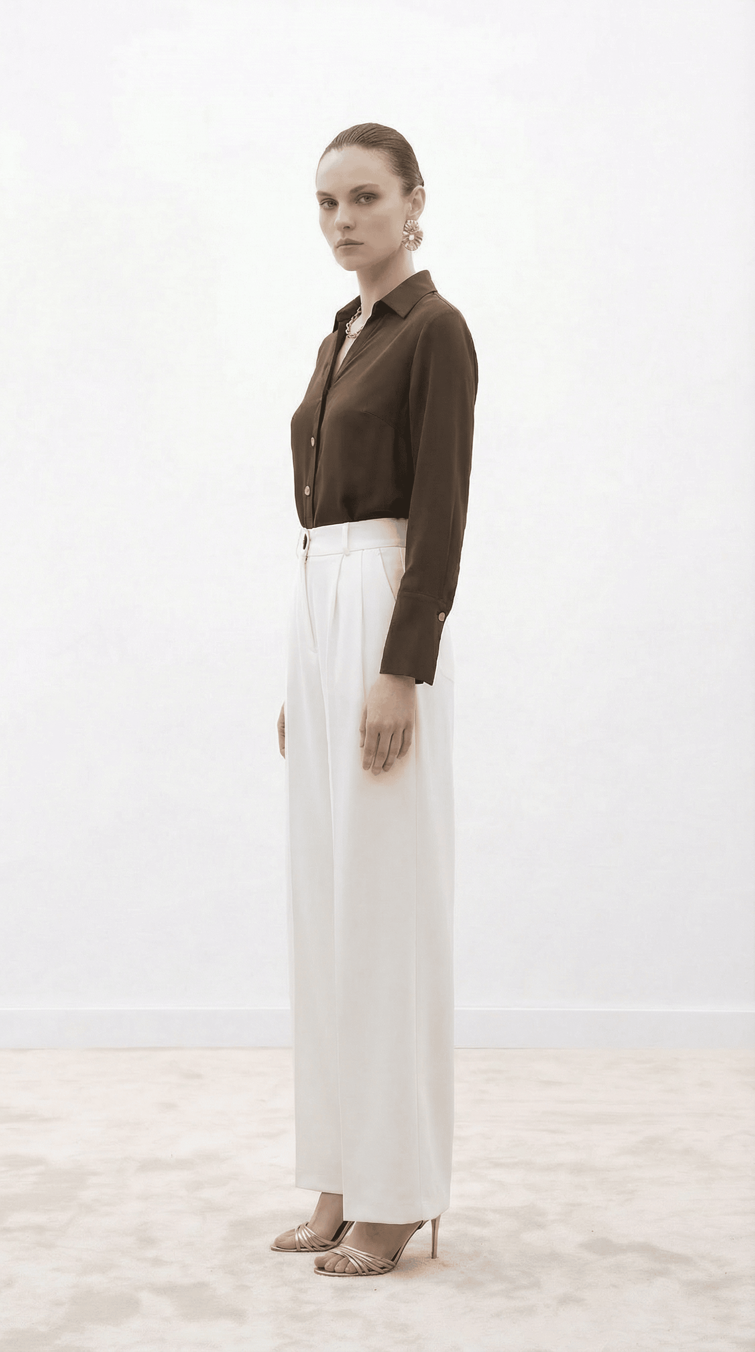 Ekru Yüksek Bel Pilili Wide Leg/Geniş Paça Dokuma Pantolon 25SWS5924 Palazzo