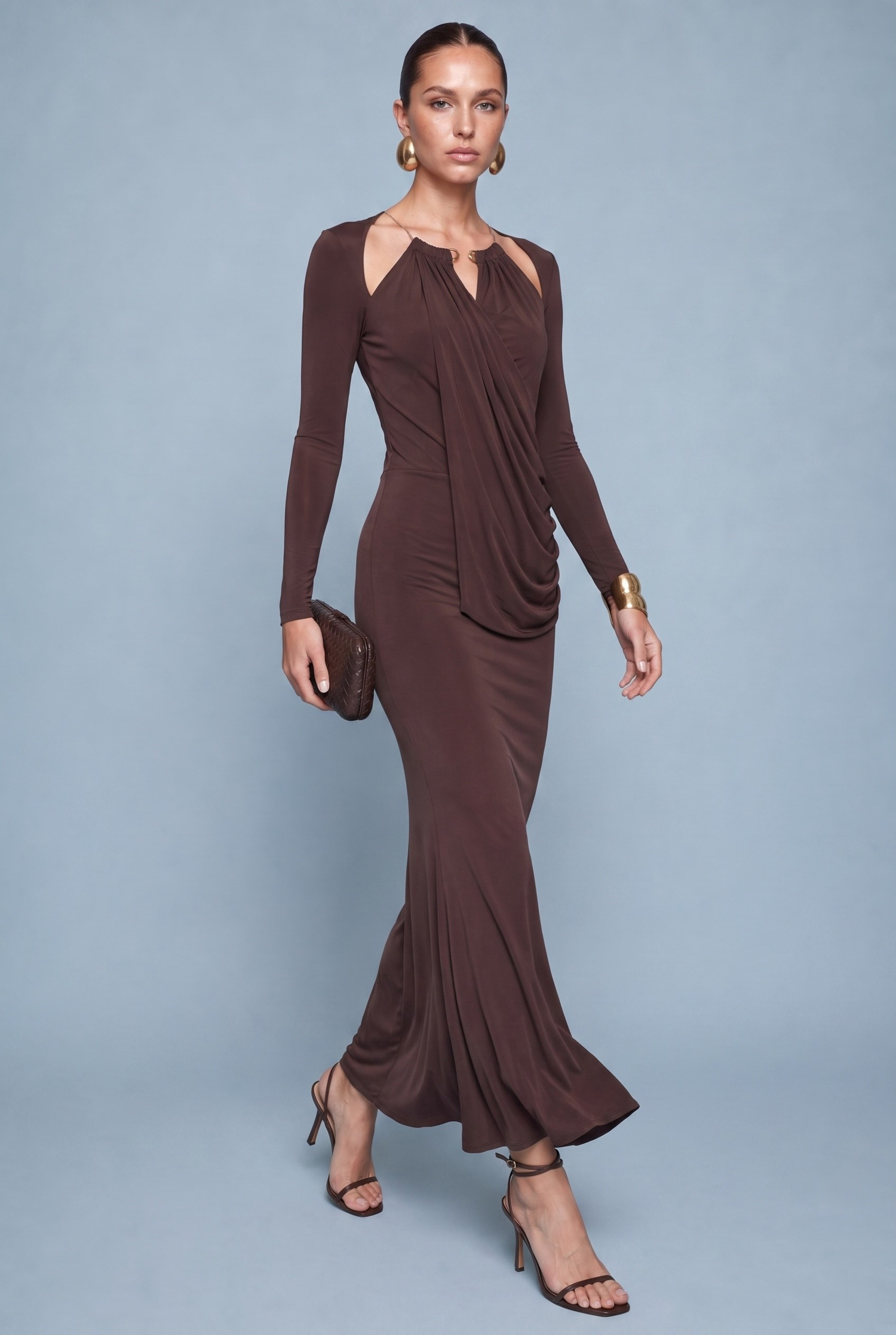 Elara Drapeli Cut-Out Detaylı Uzun Elbise Kahve