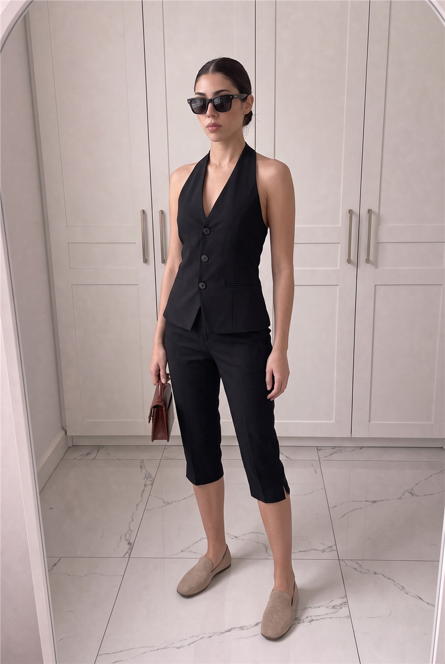 Elara Sırt Dekolteli Yelek & Capri Pantolon Takım Siyah