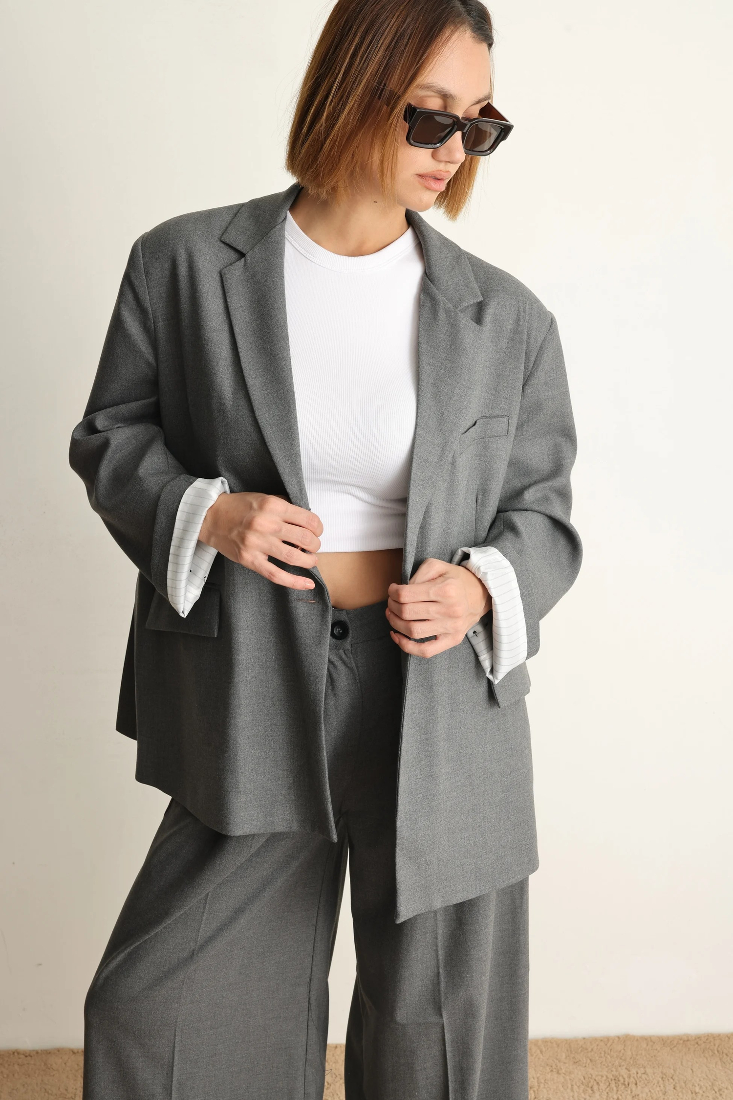 Gri Oversize Ceket Pantolon Takım