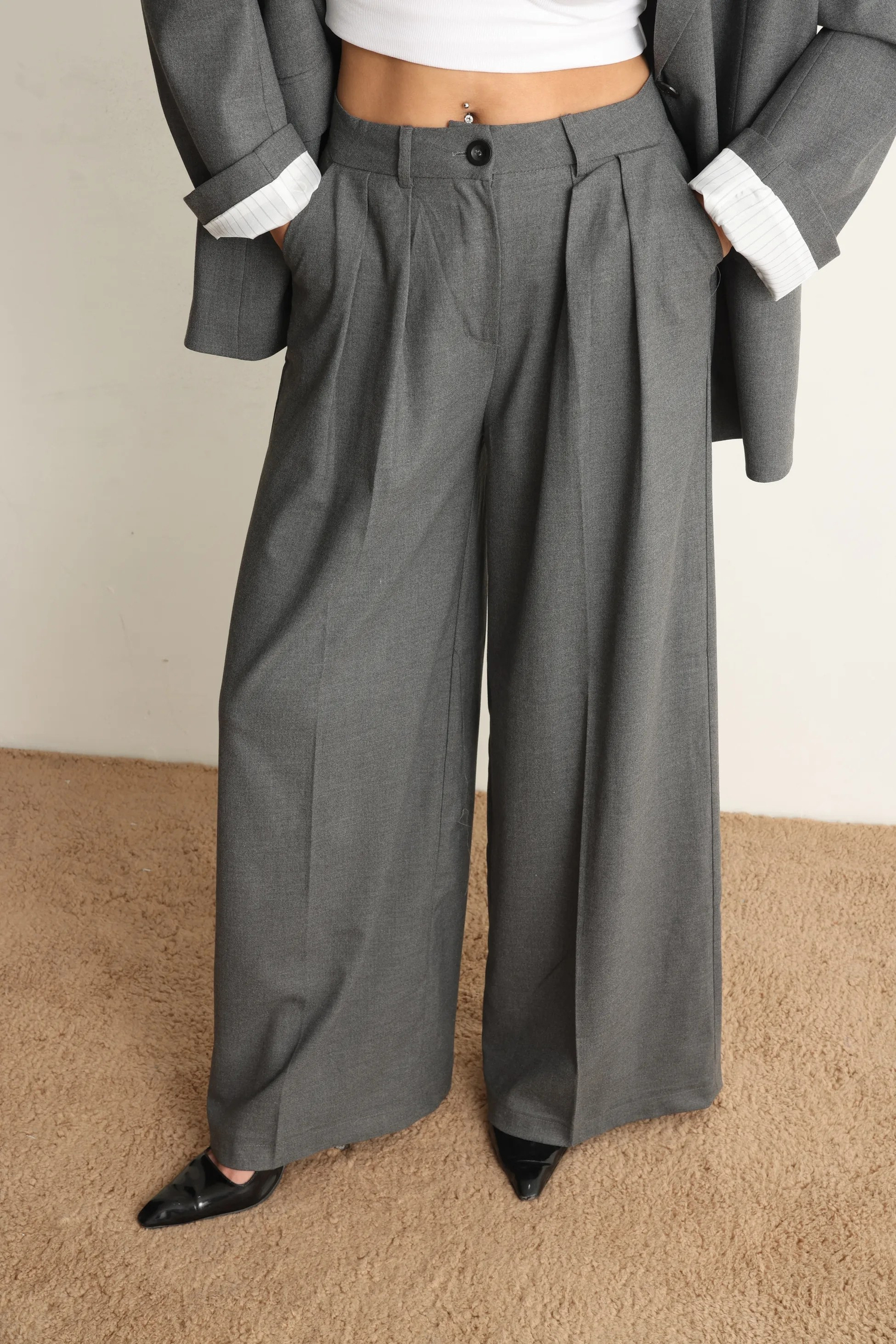 Gri Oversize Ceket Pantolon Takım