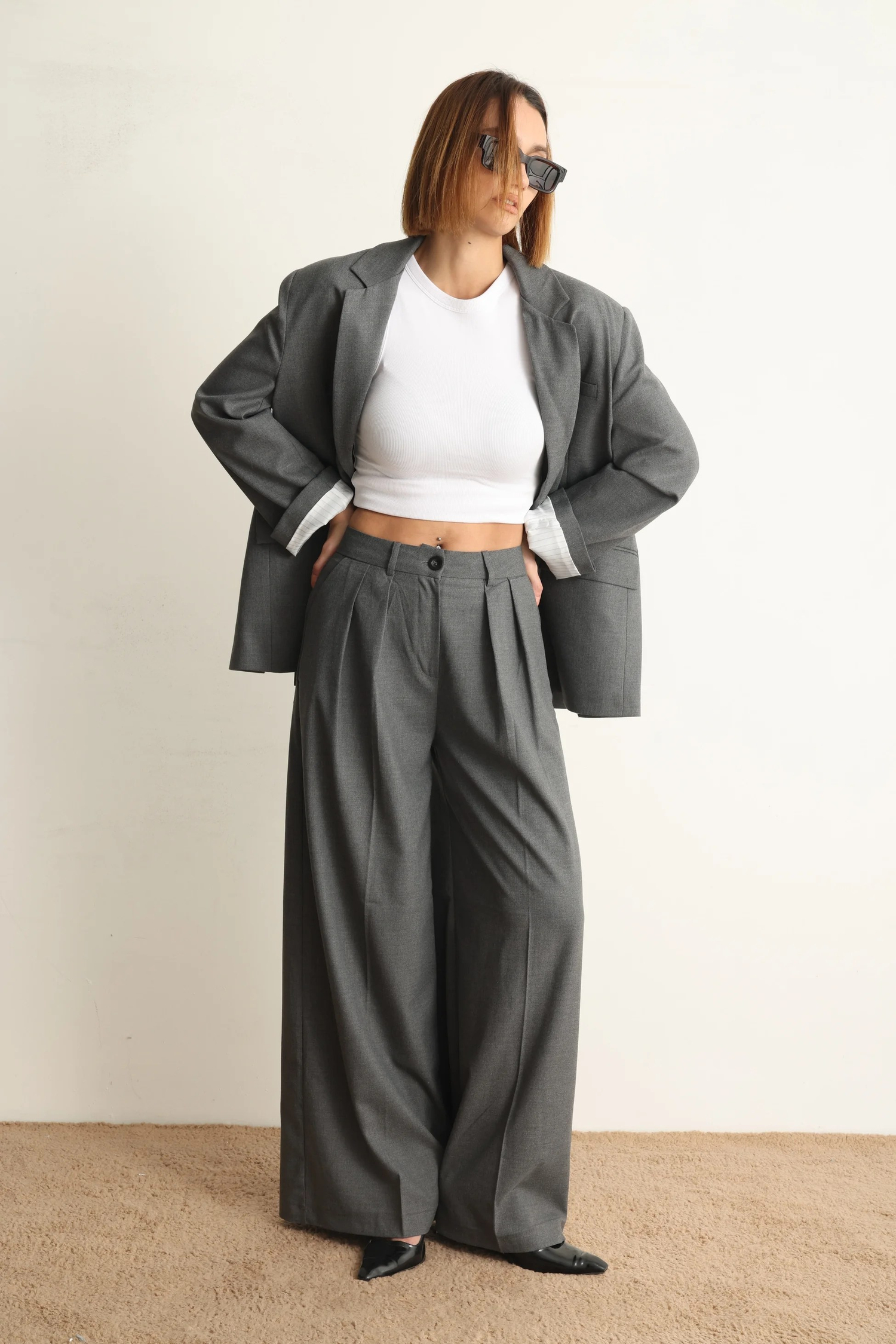 Gri Oversize Ceket Pantolon Takım