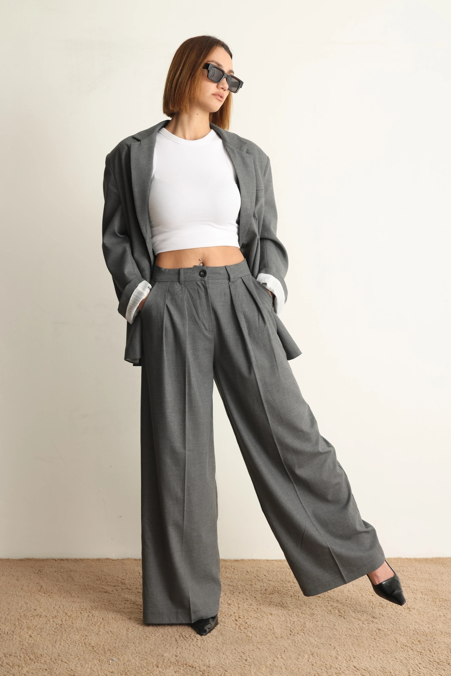 Gri Oversize Ceket Pantolon Takım