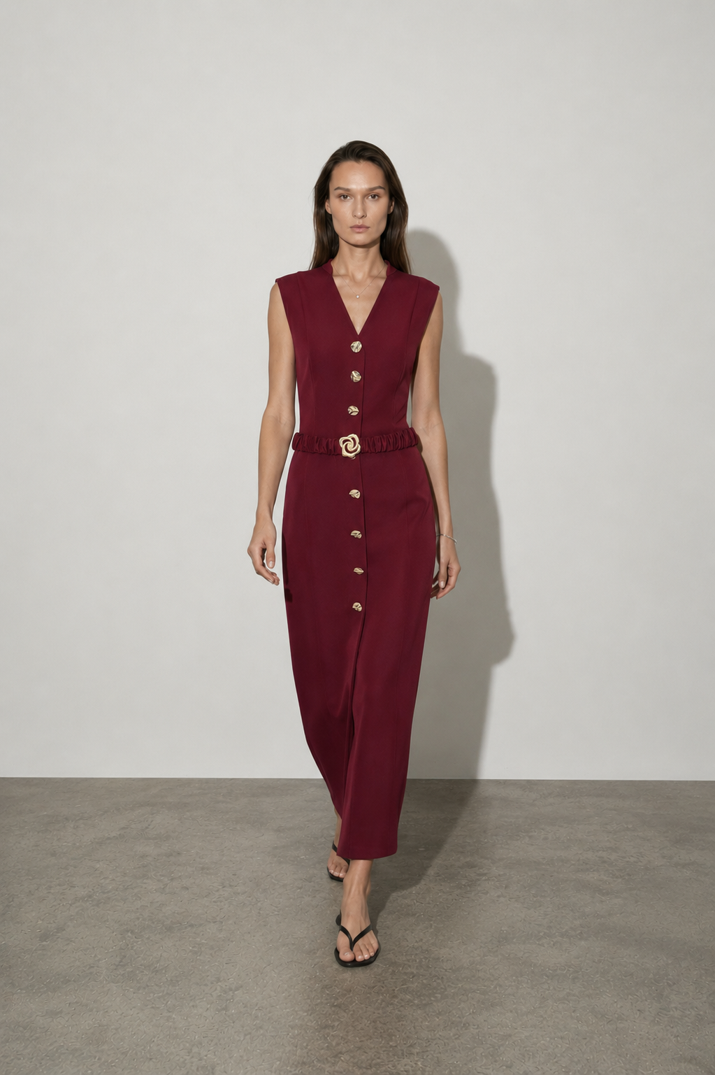 Iris Düğmeli Midi Elbise Bordo
