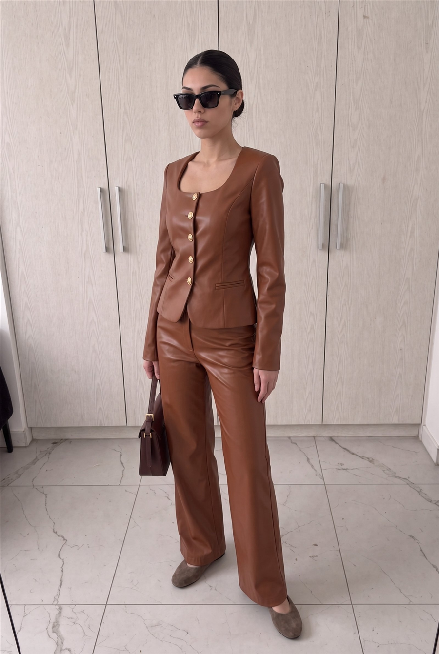 Jane Button Leather Tailored Suit Kahverengi