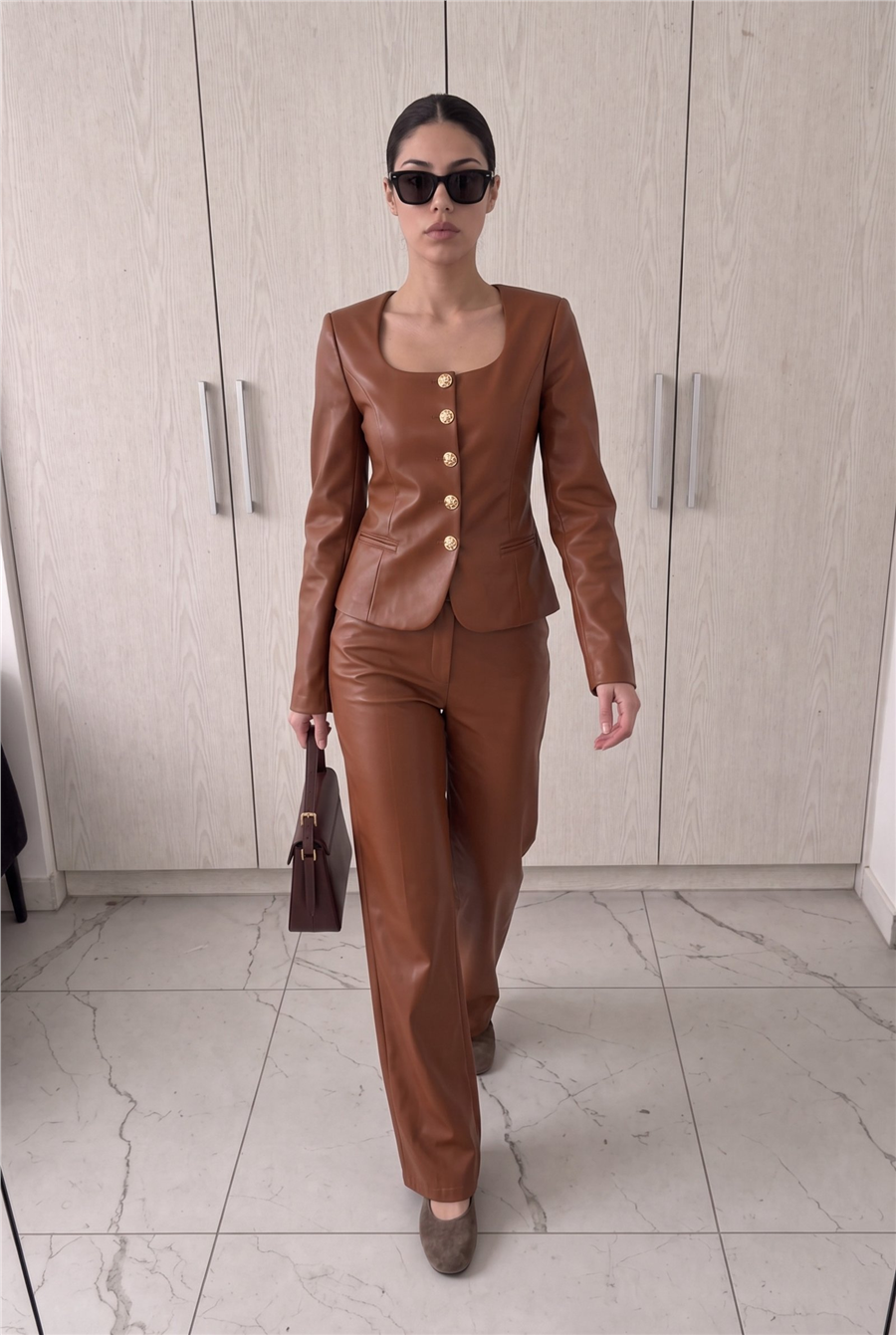 Jane Button Leather Tailored Suit Kahverengi
