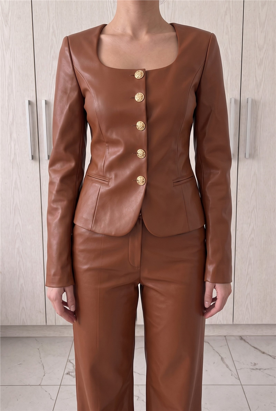 Jane Button Leather Tailored Suit Kahverengi