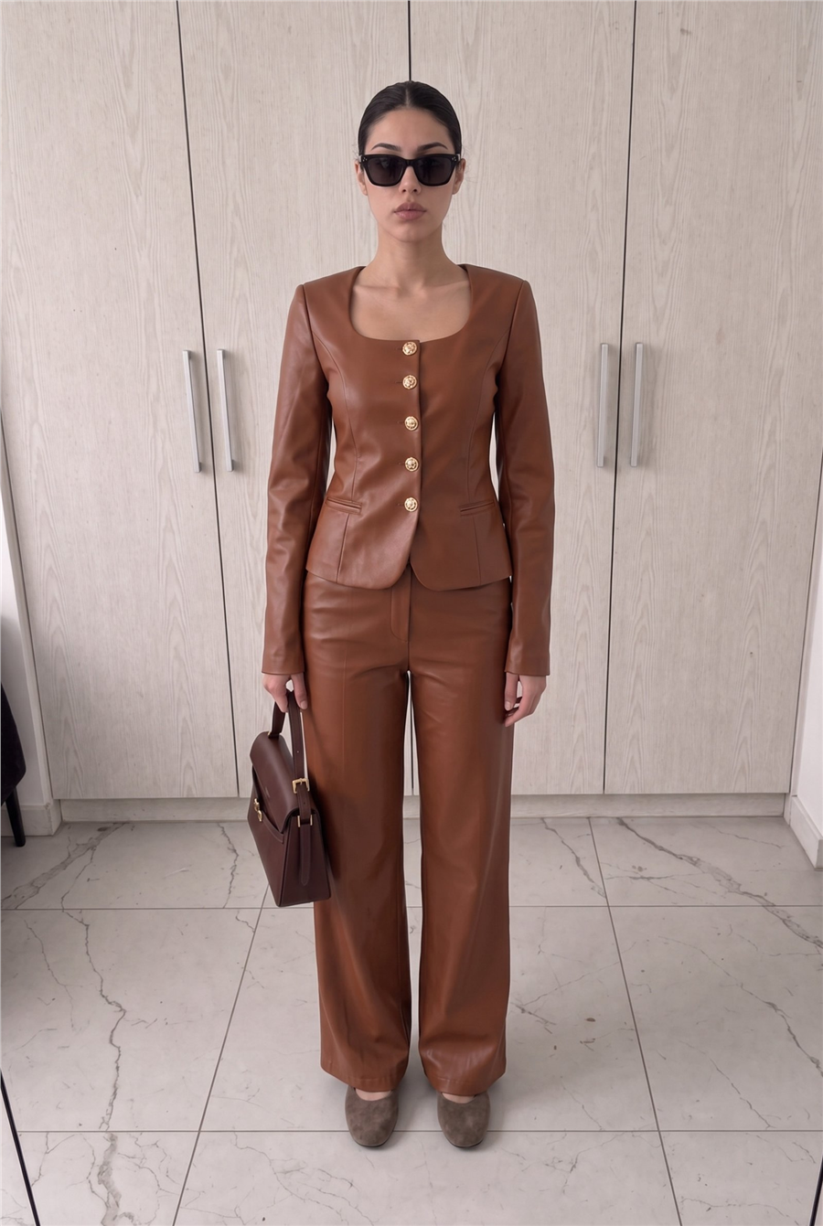 Jane Button Leather Tailored Suit Kahverengi