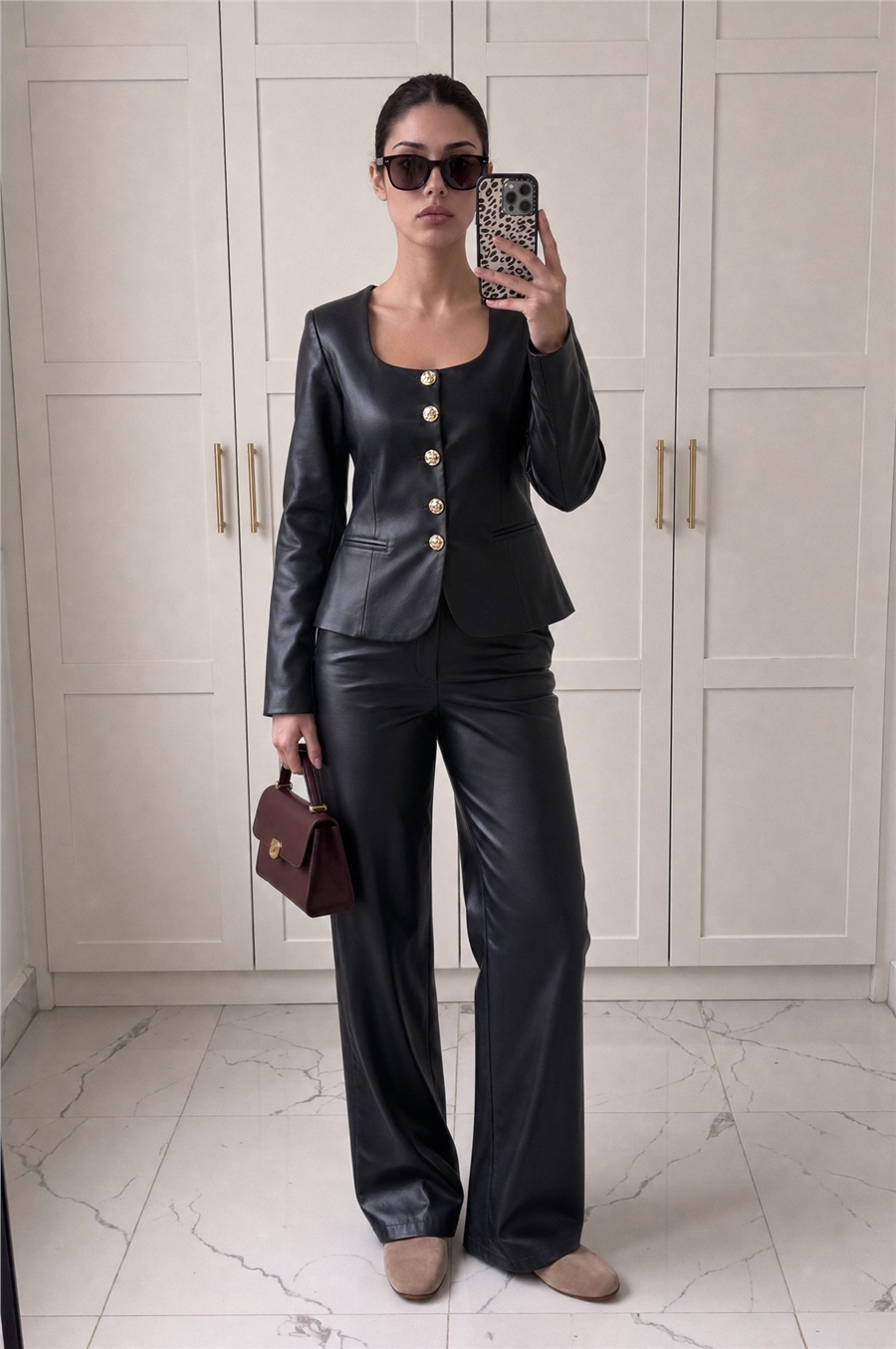 Jane Button Leather Tailored Suit Siyah