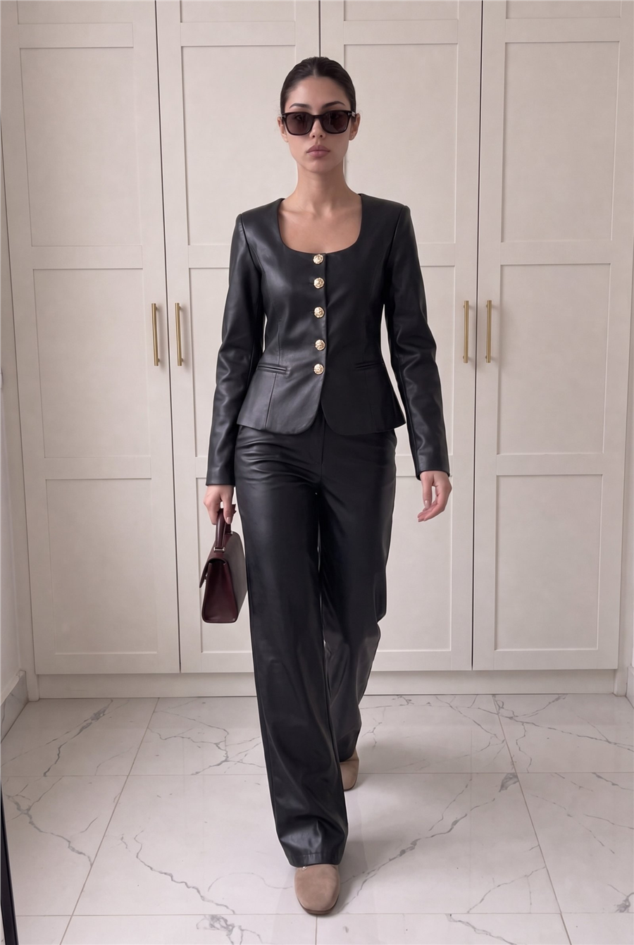 Jane Button Leather Tailored Suit Siyah