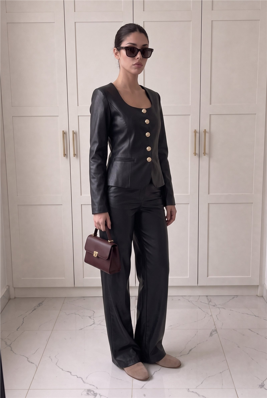 Jane Button Leather Tailored Suit Siyah