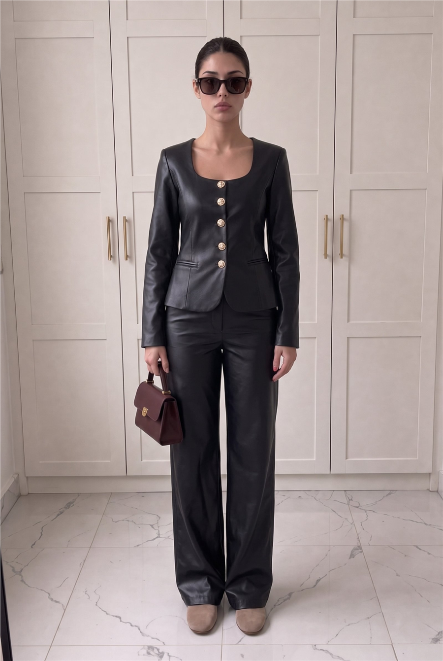 Jane Button Leather Tailored Suit Siyah