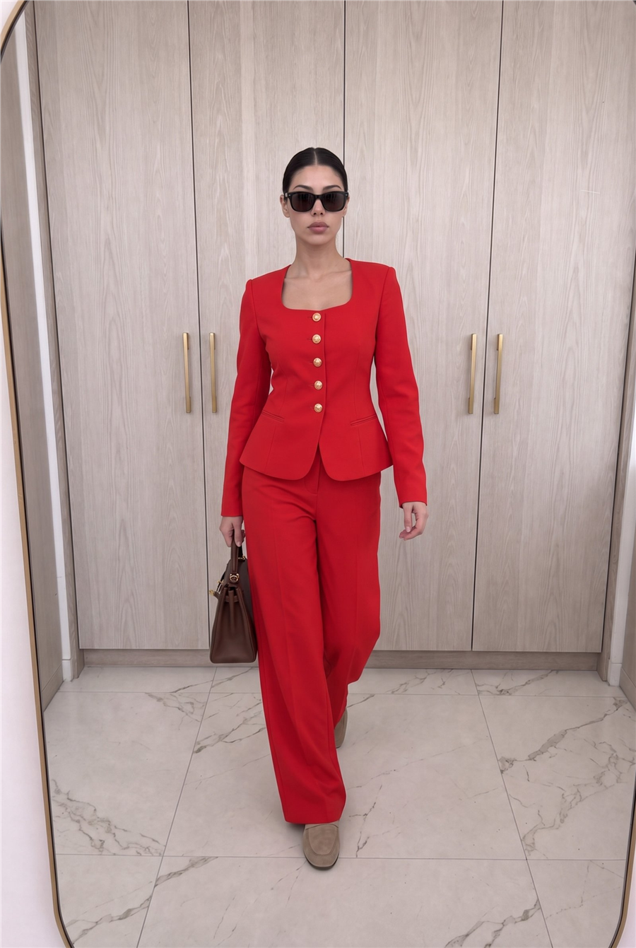 Jane Button Tailored Suit Kırmızı