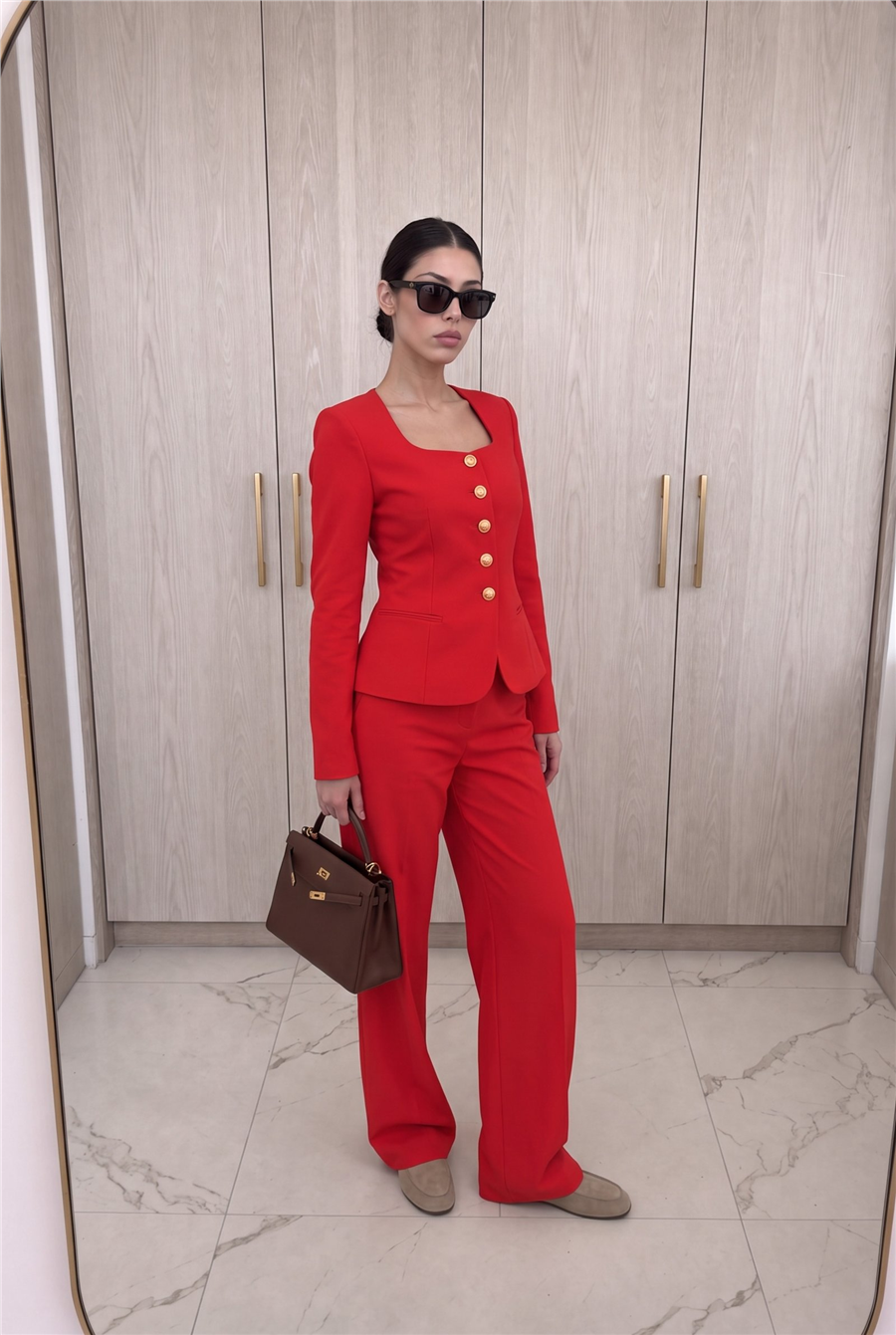 Jane Button Tailored Suit Kırmızı