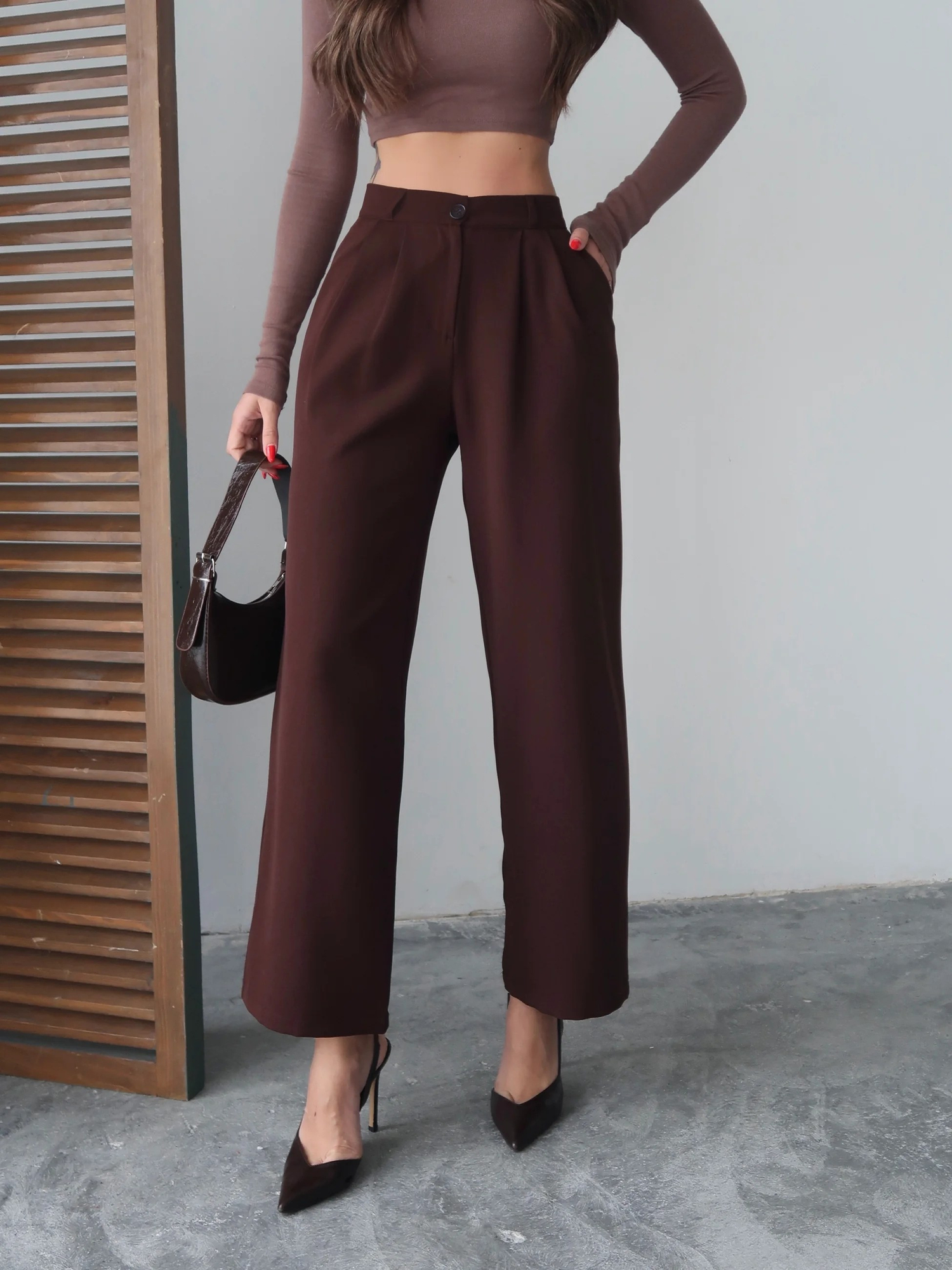 Kahverengi Yüksek Bel Pilili Wide Leg/Geniş Paça Dokuma Pantolon 25SWS5924 Palazzo