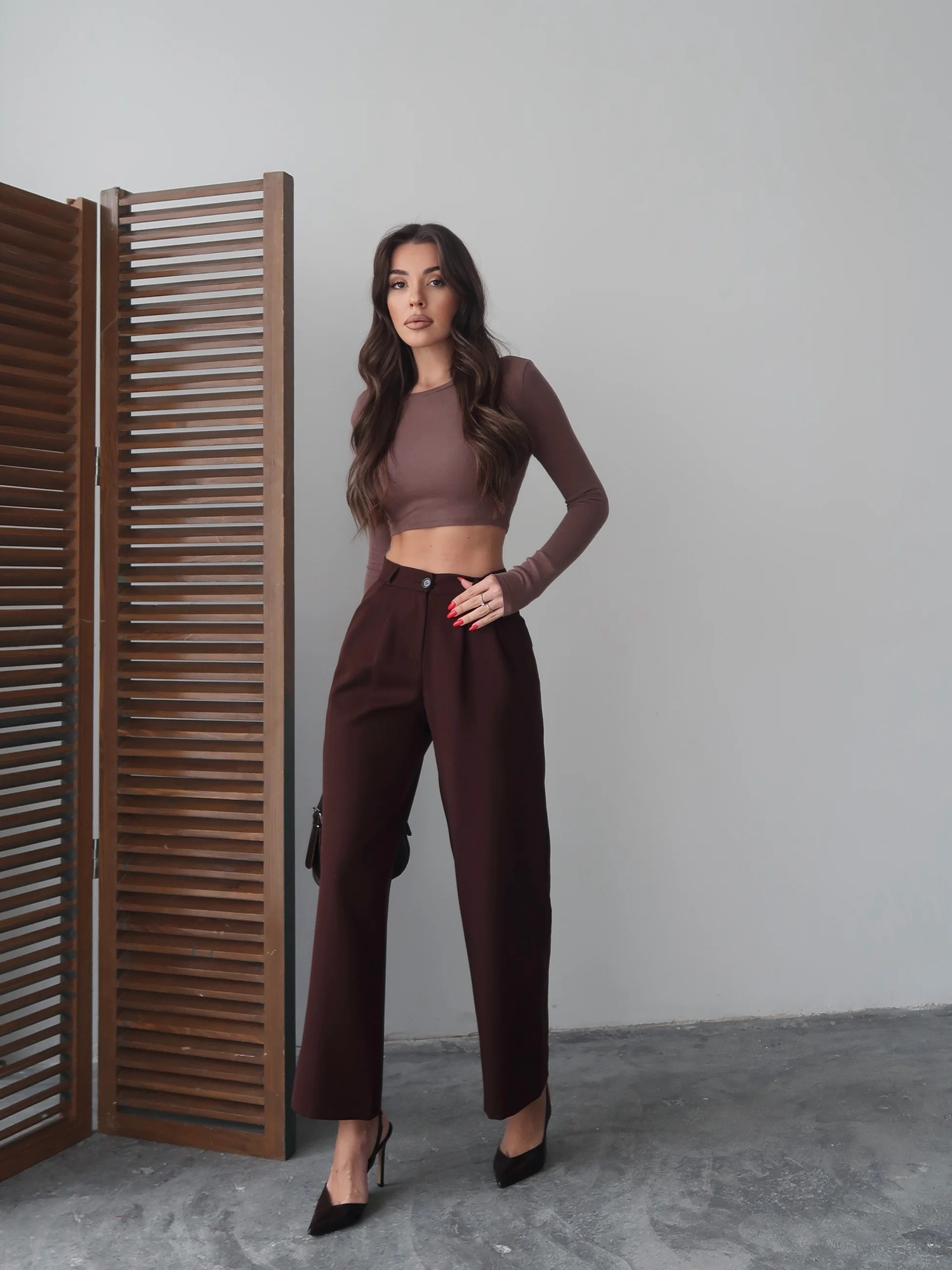 Kahverengi Yüksek Bel Pilili Wide Leg/Geniş Paça Dokuma Pantolon 25SWS5924 Palazzo
