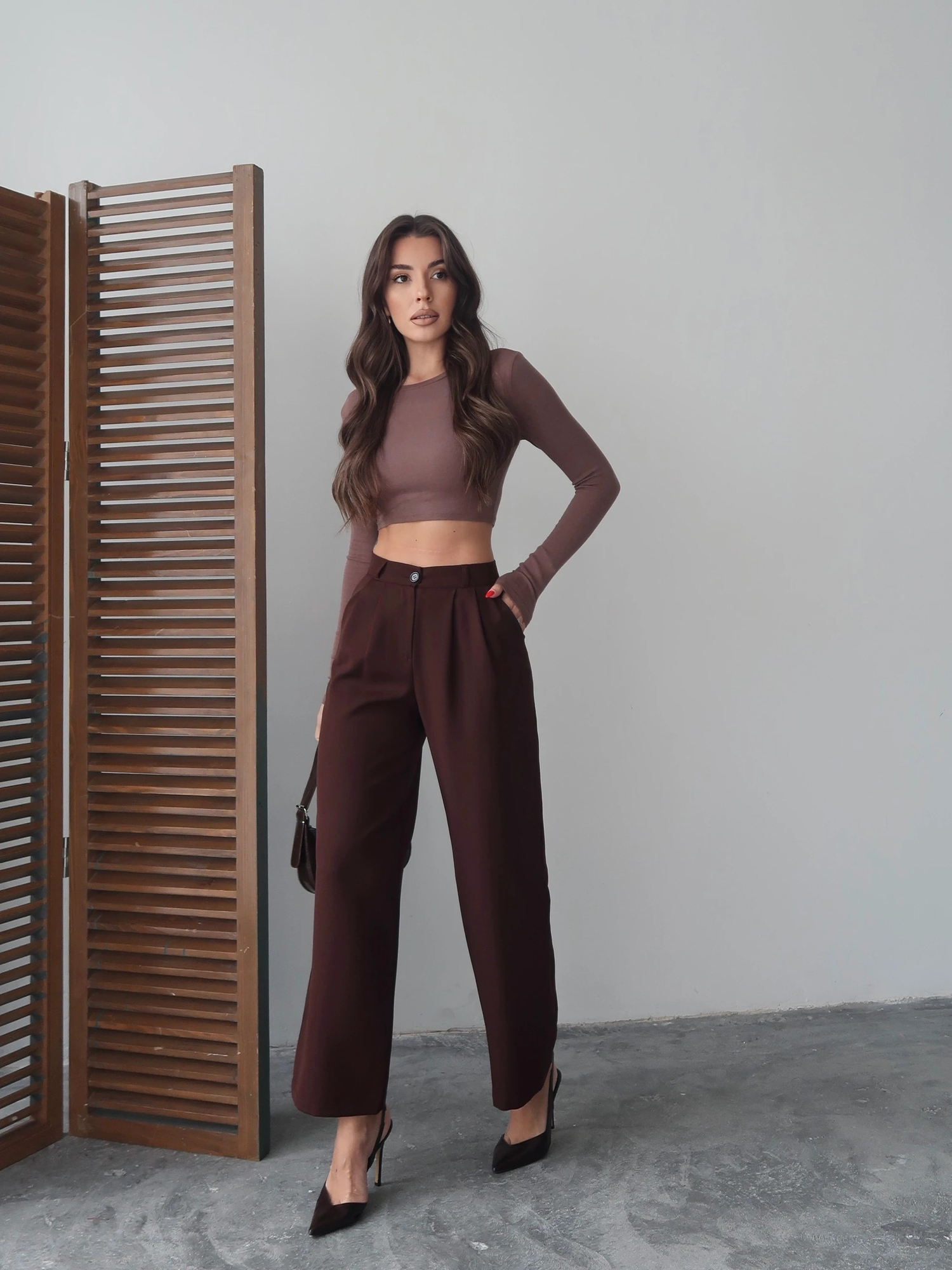 Kahverengi Yüksek Bel Pilili Wide Leg/Geniş Paça Dokuma Pantolon 25SWS5924 Palazzo