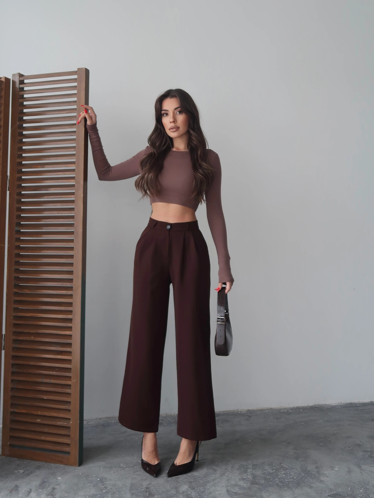 Kahverengi Yüksek Bel Pilili Wide Leg/Geniş Paça Dokuma Pantolon 25SWS5924 Palazzo
