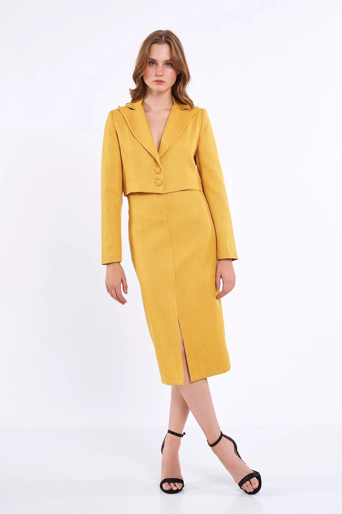Keten Kısa Blazer Ceket Sarı