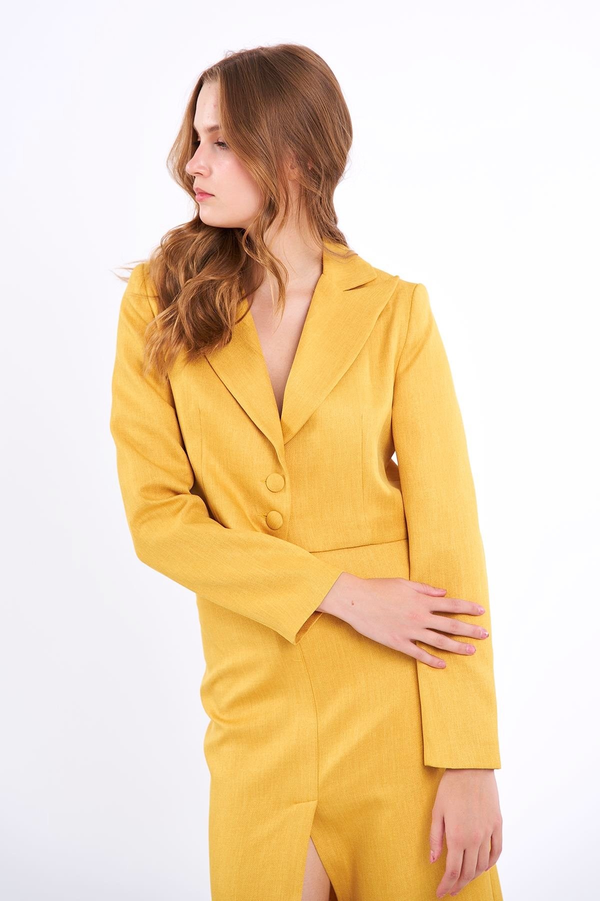 Keten Kısa Blazer Ceket Sarı