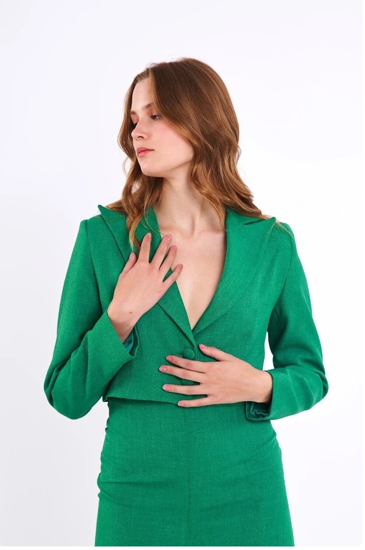 Keten Kısa Blazer Ceket Yeşil