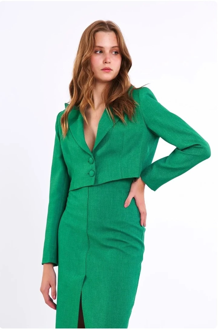 Keten Kısa Blazer Ceket Yeşil