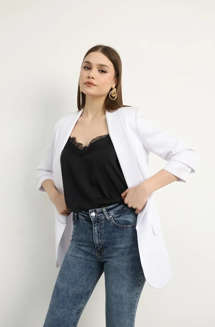 Kolu Büzgülü Keten Ceket Beyaz