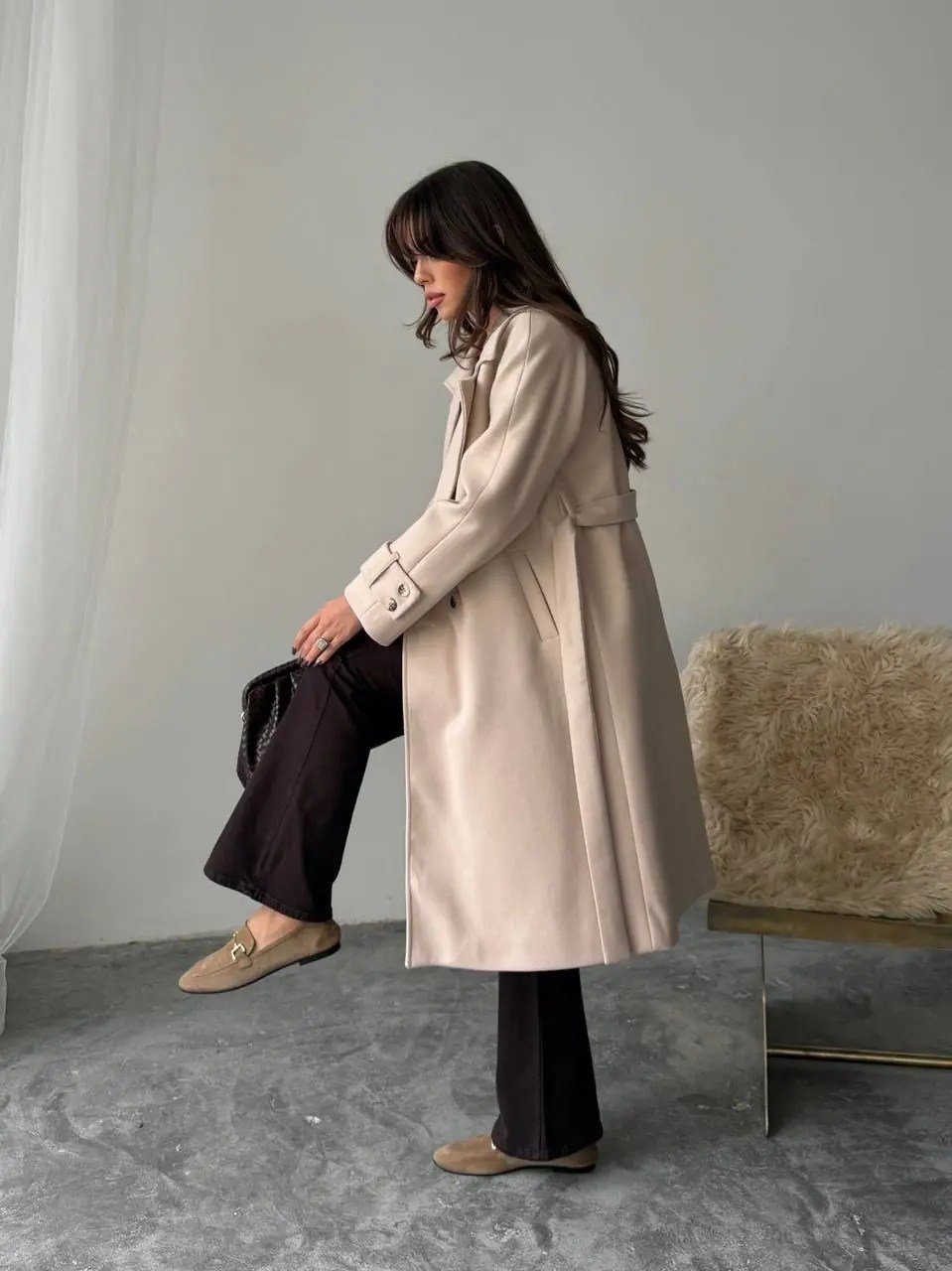 Kruvaze Yaka Kuşak Detaylı Kaşe Kaban Bej