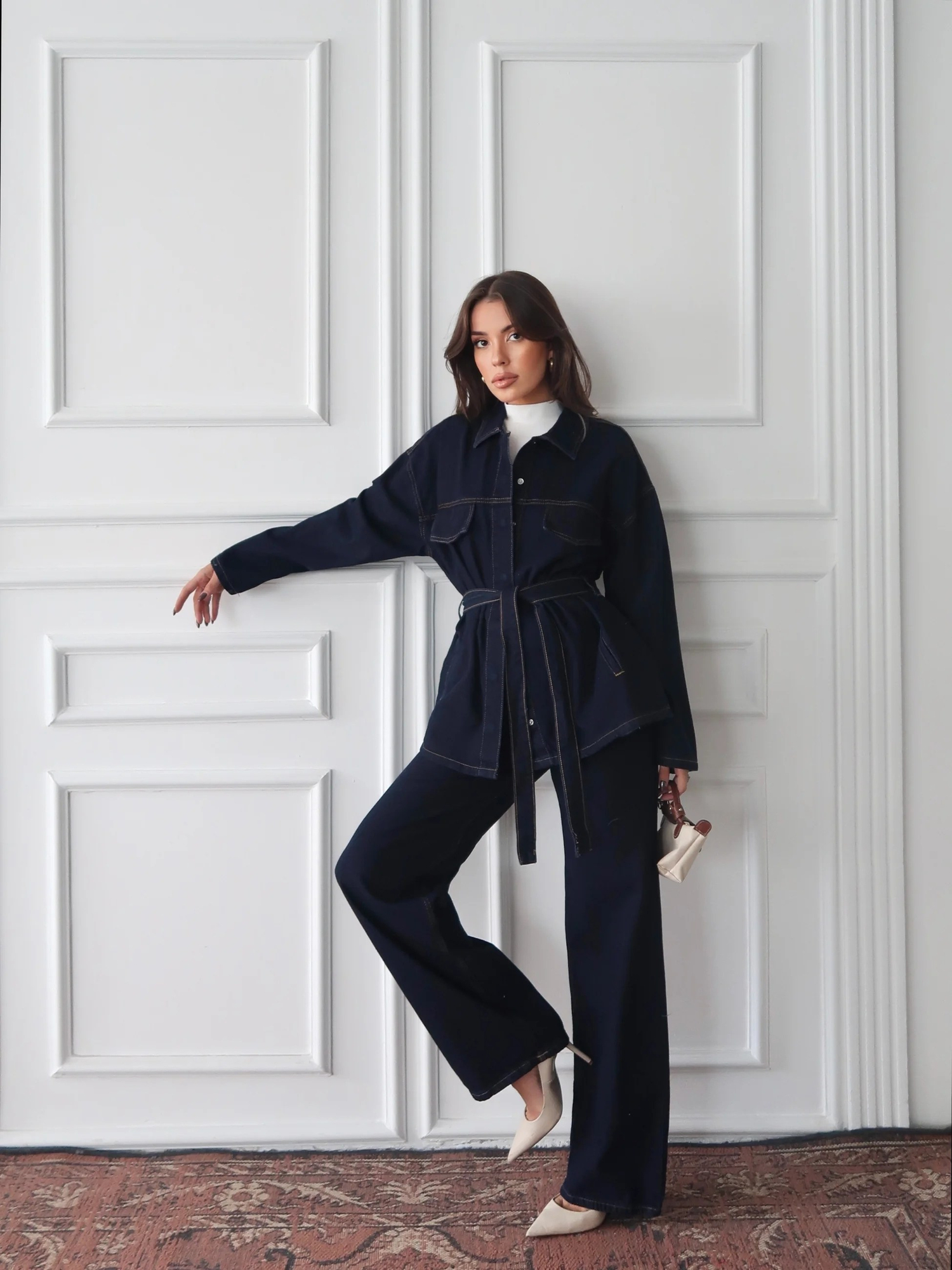 Lacivert Kemerli Geniş Paça Denim Takım