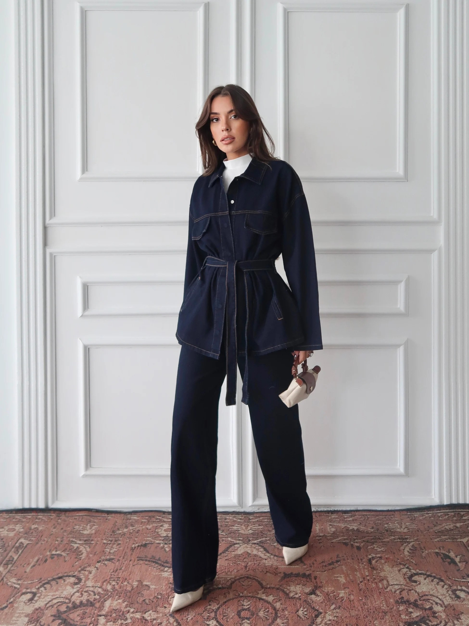 Lacivert Kemerli Geniş Paça Denim Takım