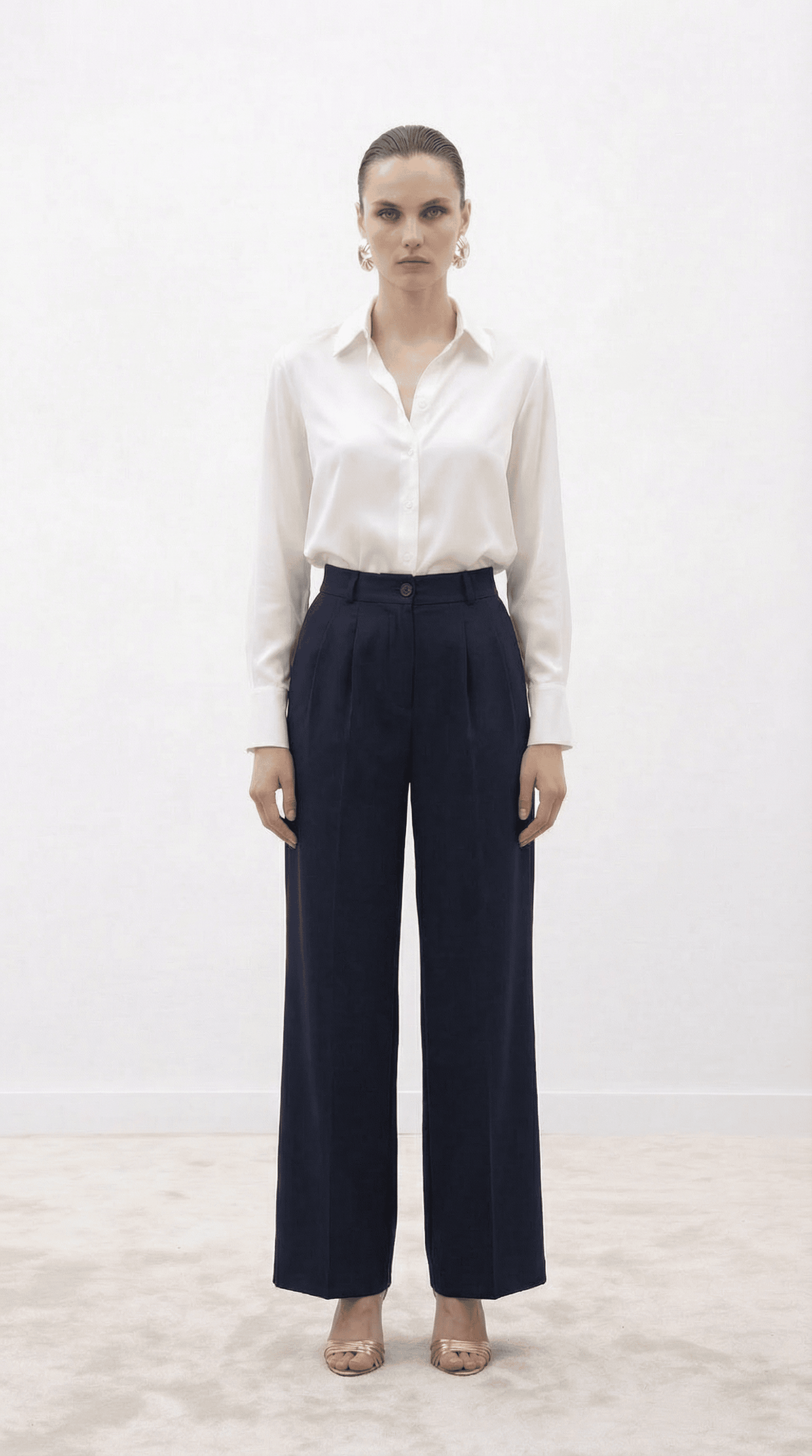 Lacivert Yüksek Bel Pilili Wide Leg/Geniş Paça Dokuma Pantolon 25SWS5924 Palazzo