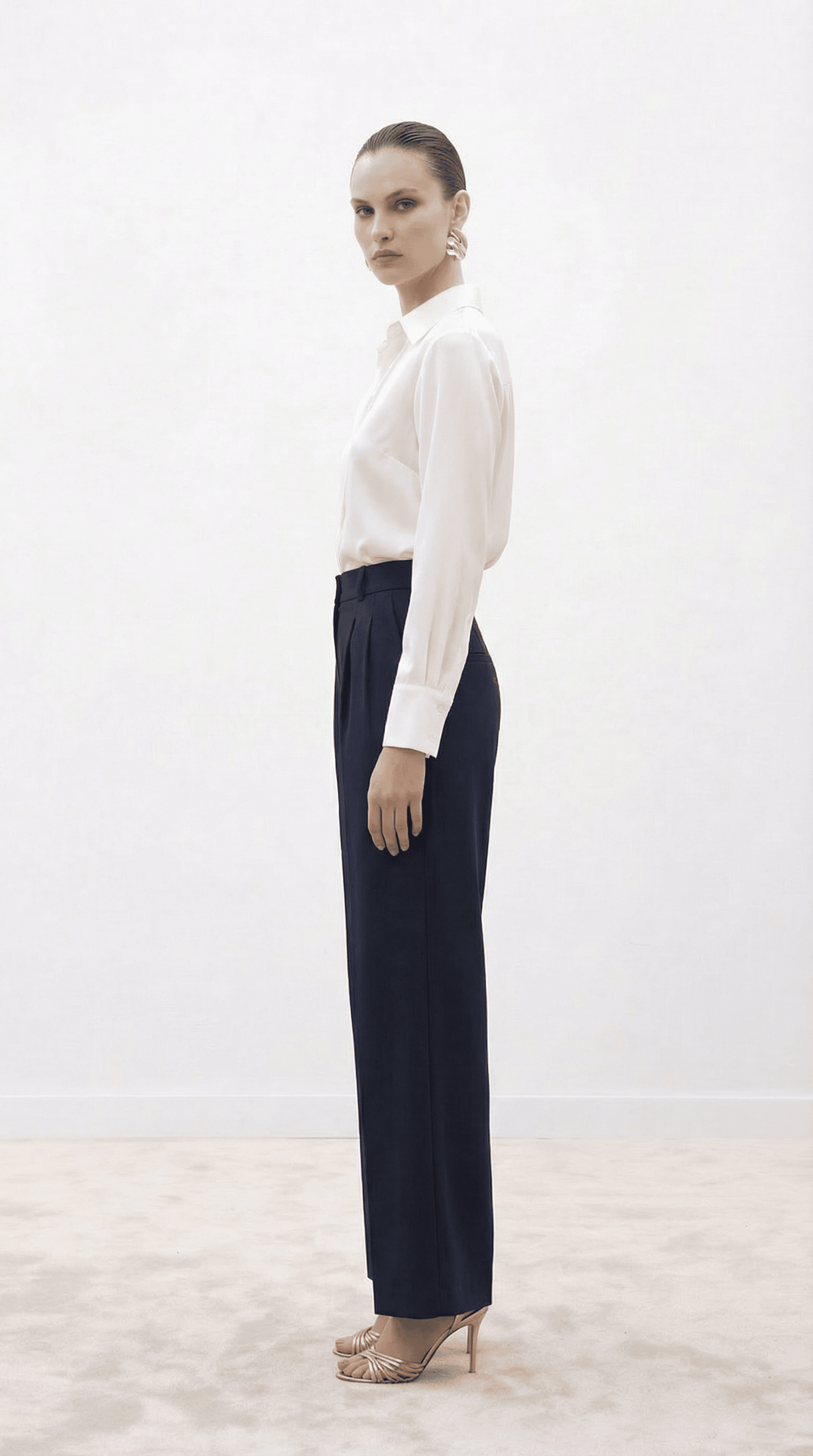 Lacivert Yüksek Bel Pilili Wide Leg/Geniş Paça Dokuma Pantolon 25SWS5924 Palazzo