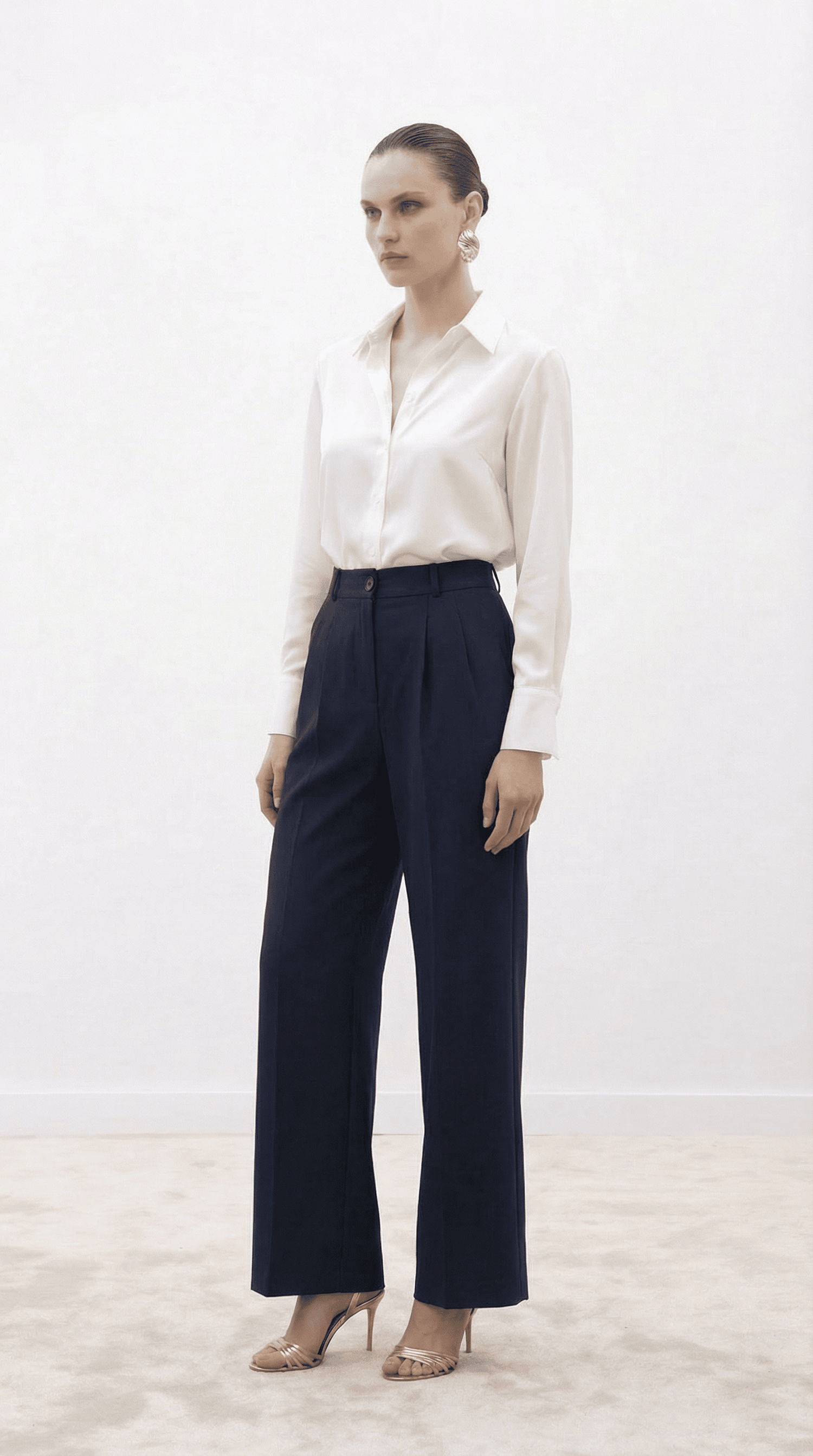 Lacivert Yüksek Bel Pilili Wide Leg/Geniş Paça Dokuma Pantolon 25SWS5924 Palazzo