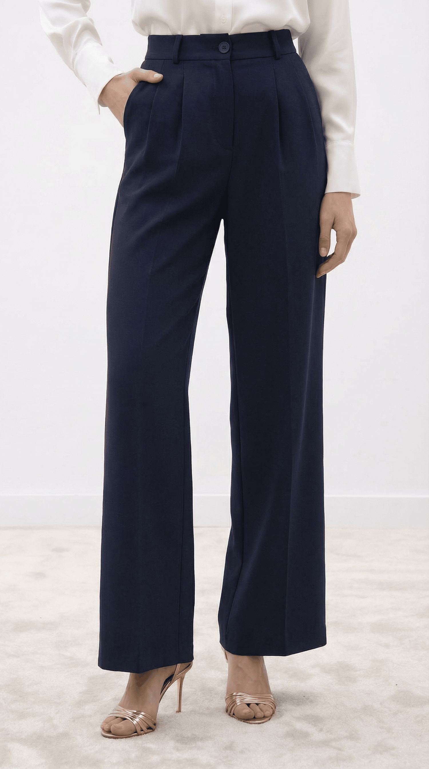 Lacivert Yüksek Bel Pilili Wide Leg/Geniş Paça Dokuma Pantolon 25SWS5924 Palazzo