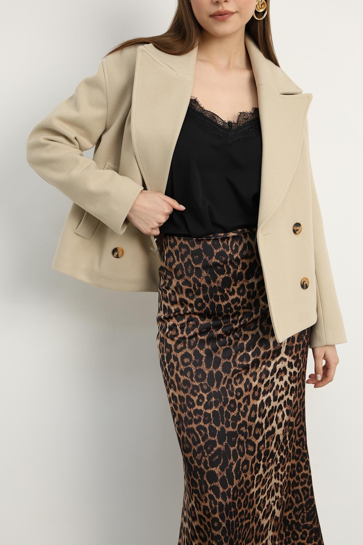 Leopar Desenli Saten Etek