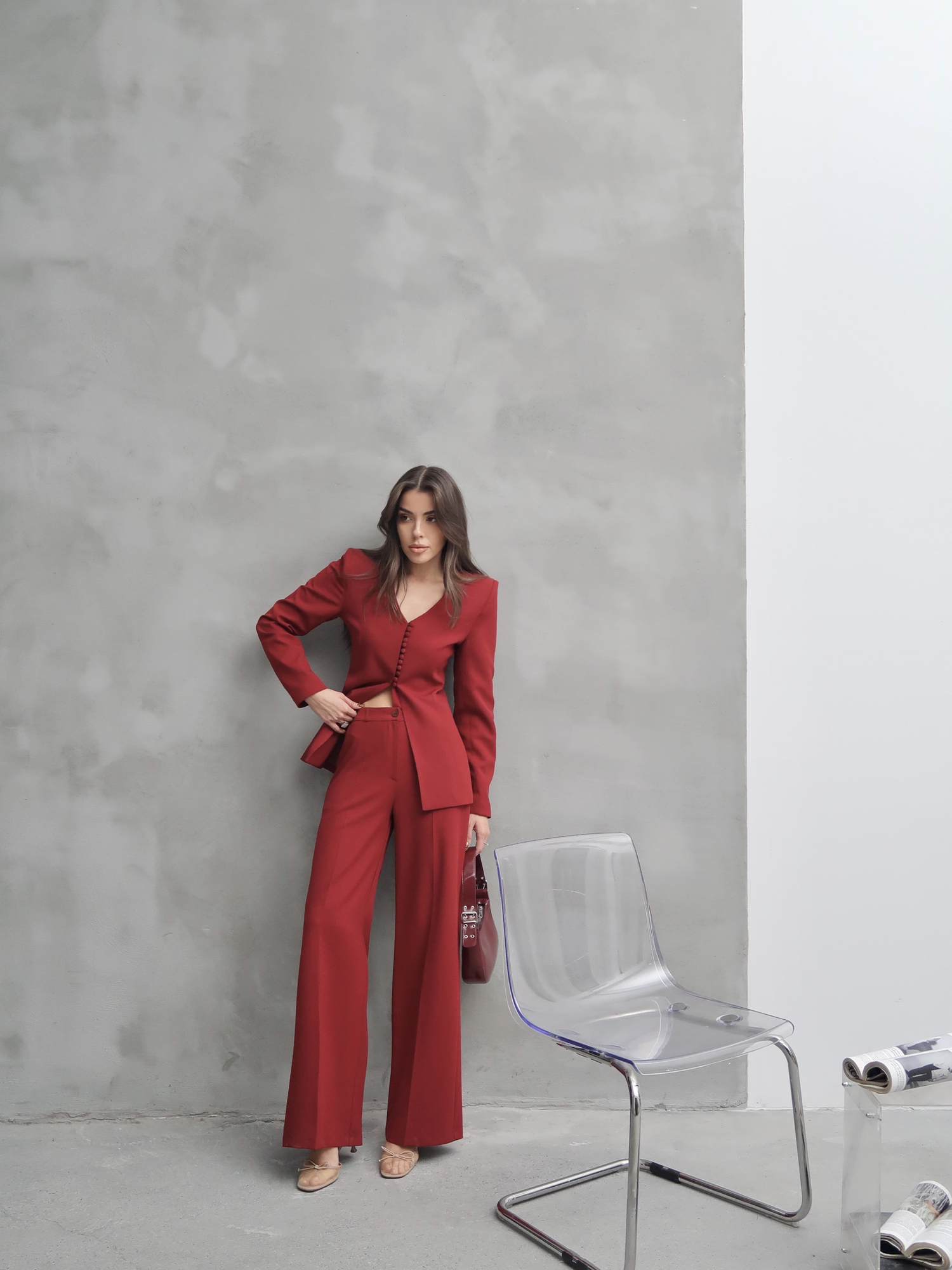 Lexi V Yaka Ceket Palazzo Pantolon Takım Bordo