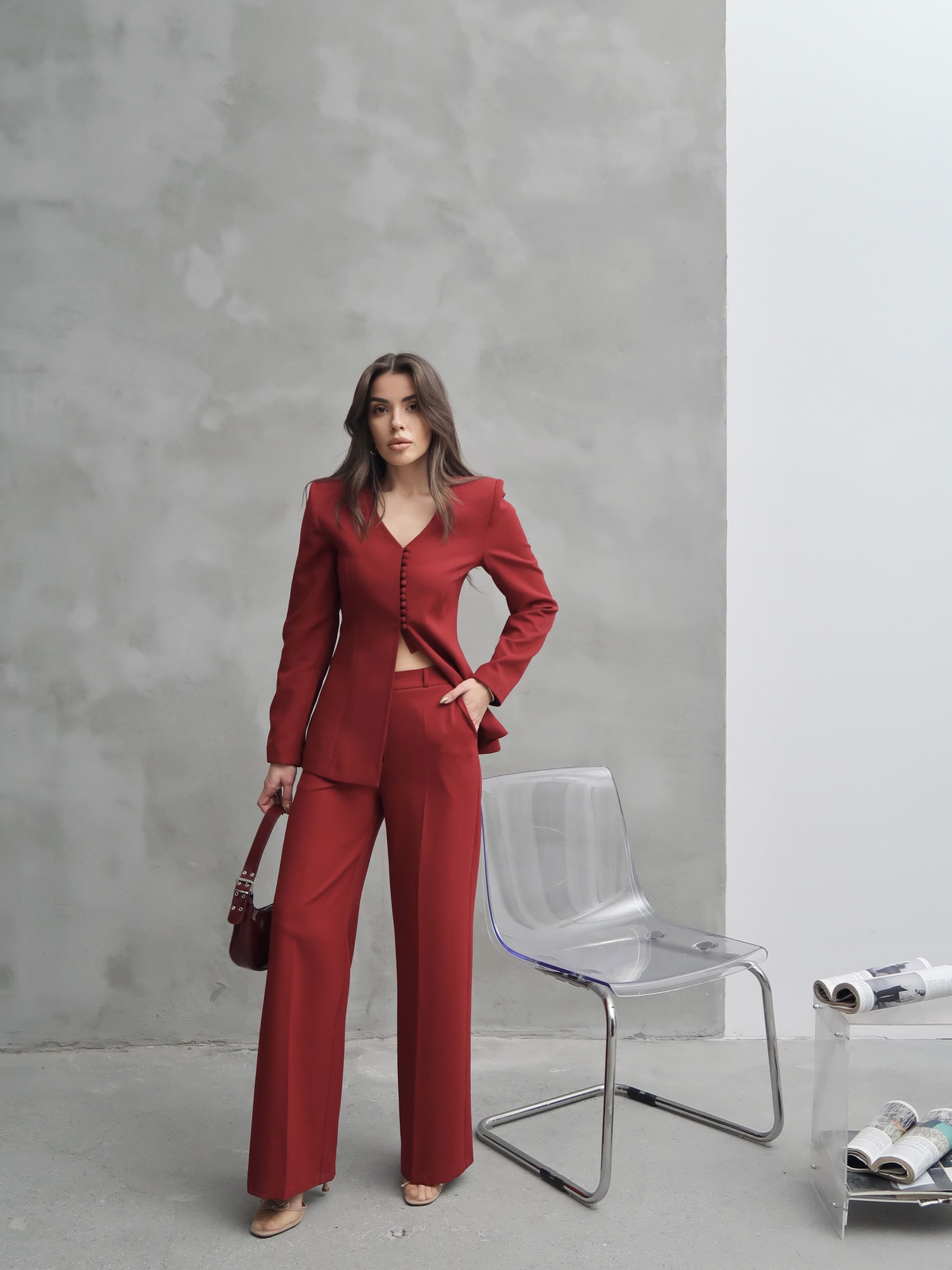 Lexi V Yaka Ceket Palazzo Pantolon Takım Bordo
