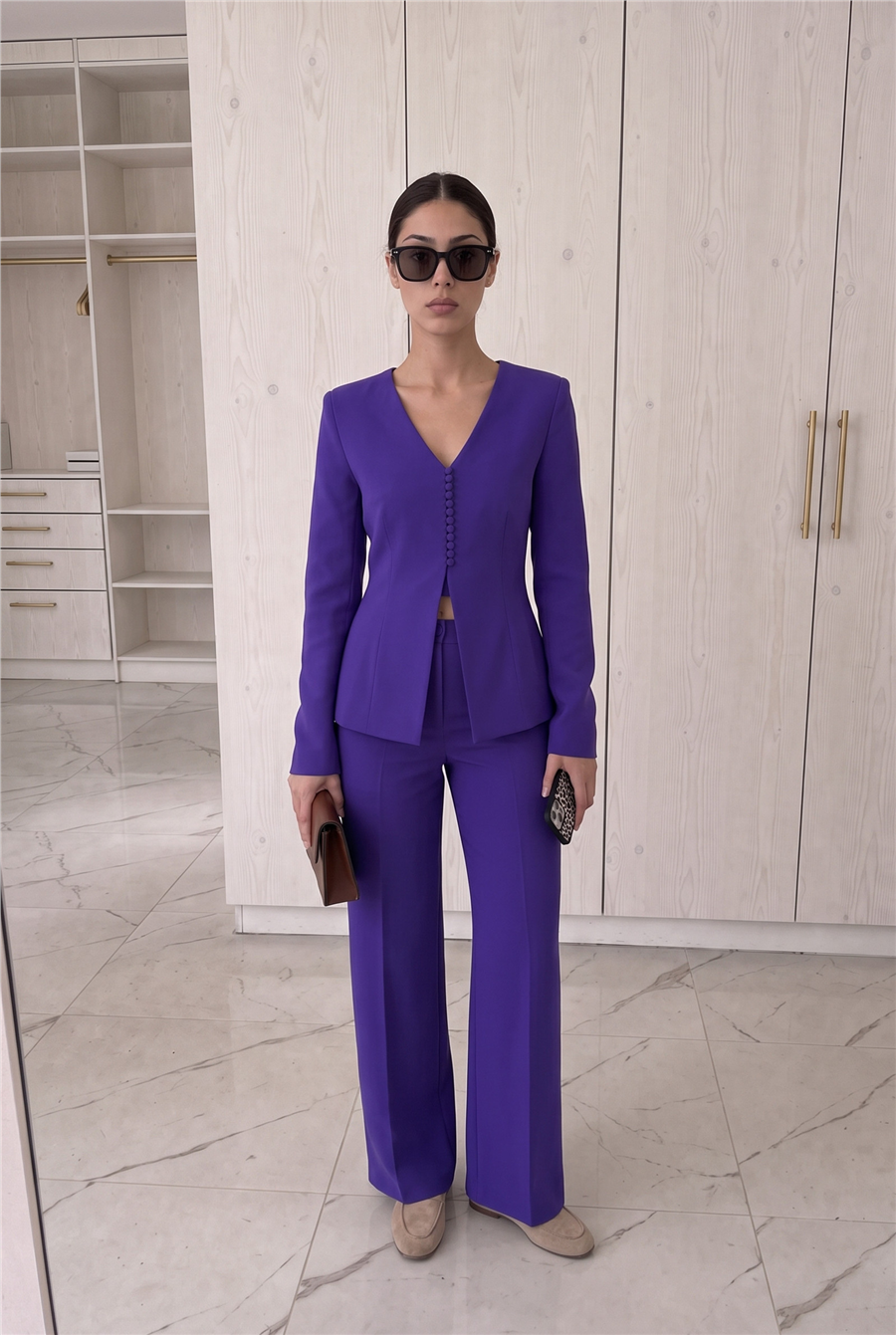 Lexi V Yaka Ceket Palazzo Pantolon Takım Mor