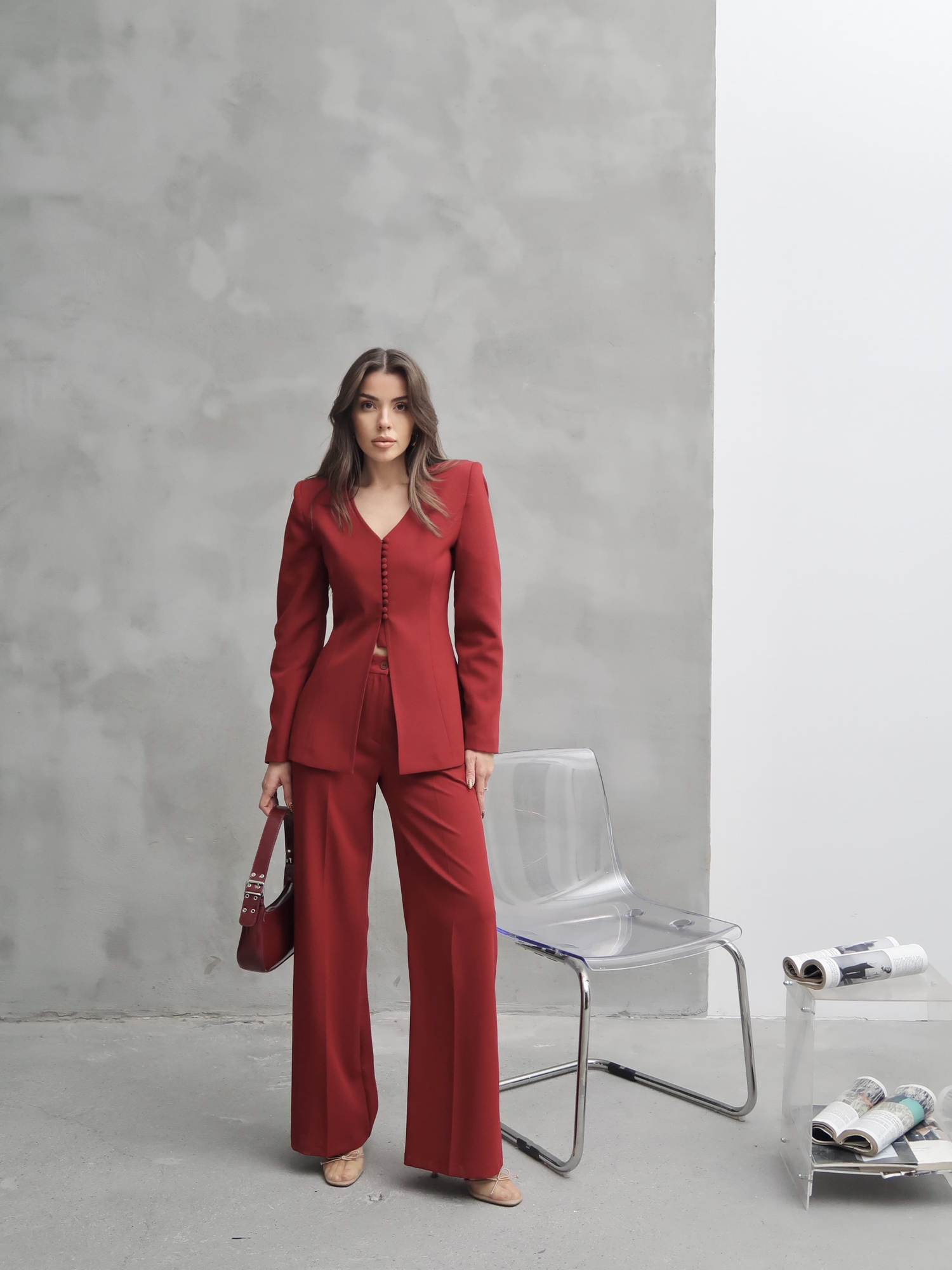 Lexi V Yaka Ceket Palazzo Pantolon Takım Bordo