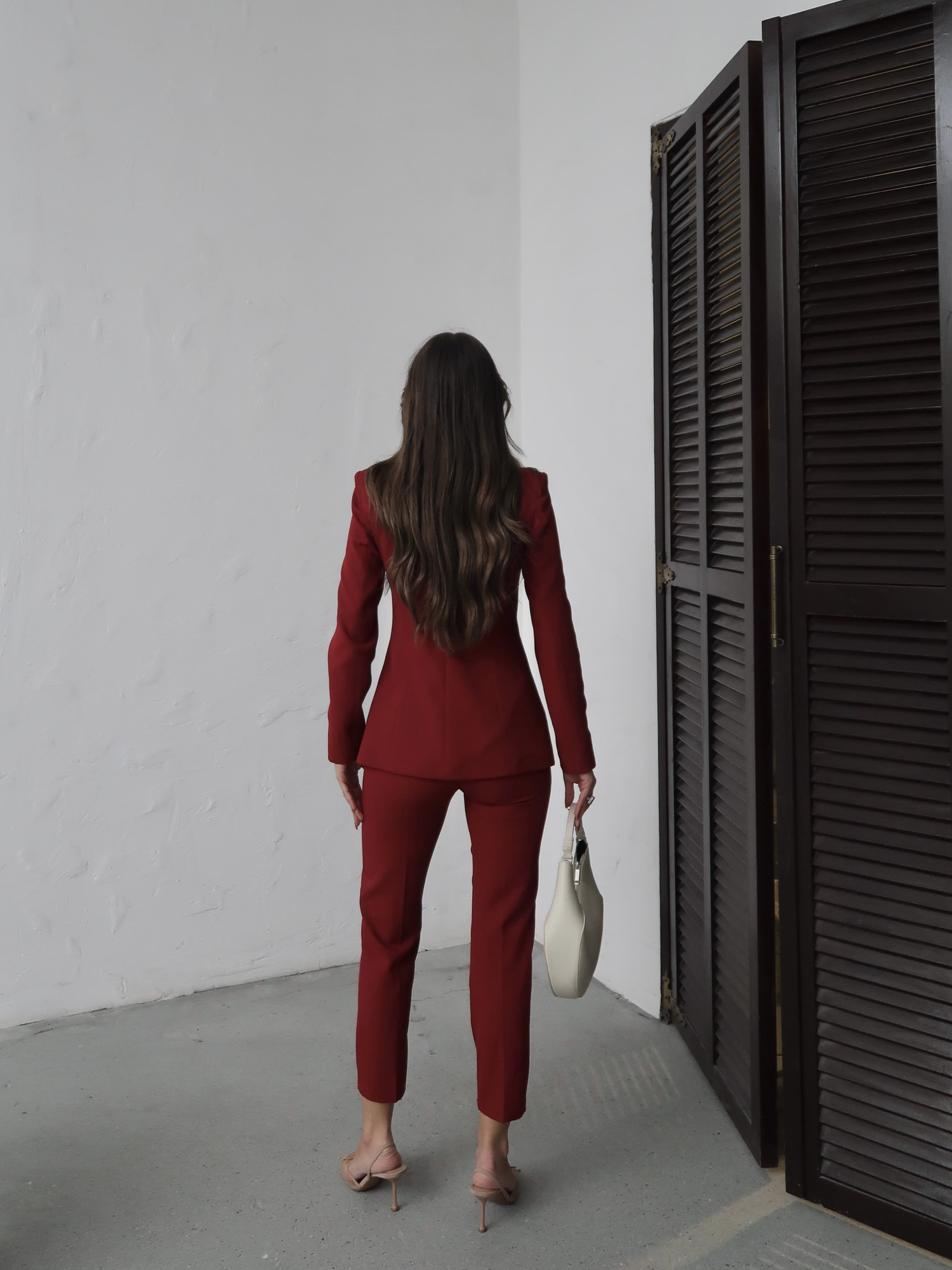 Lina V Yaka Ceket Dar Paça Pantolon Takım Bordo